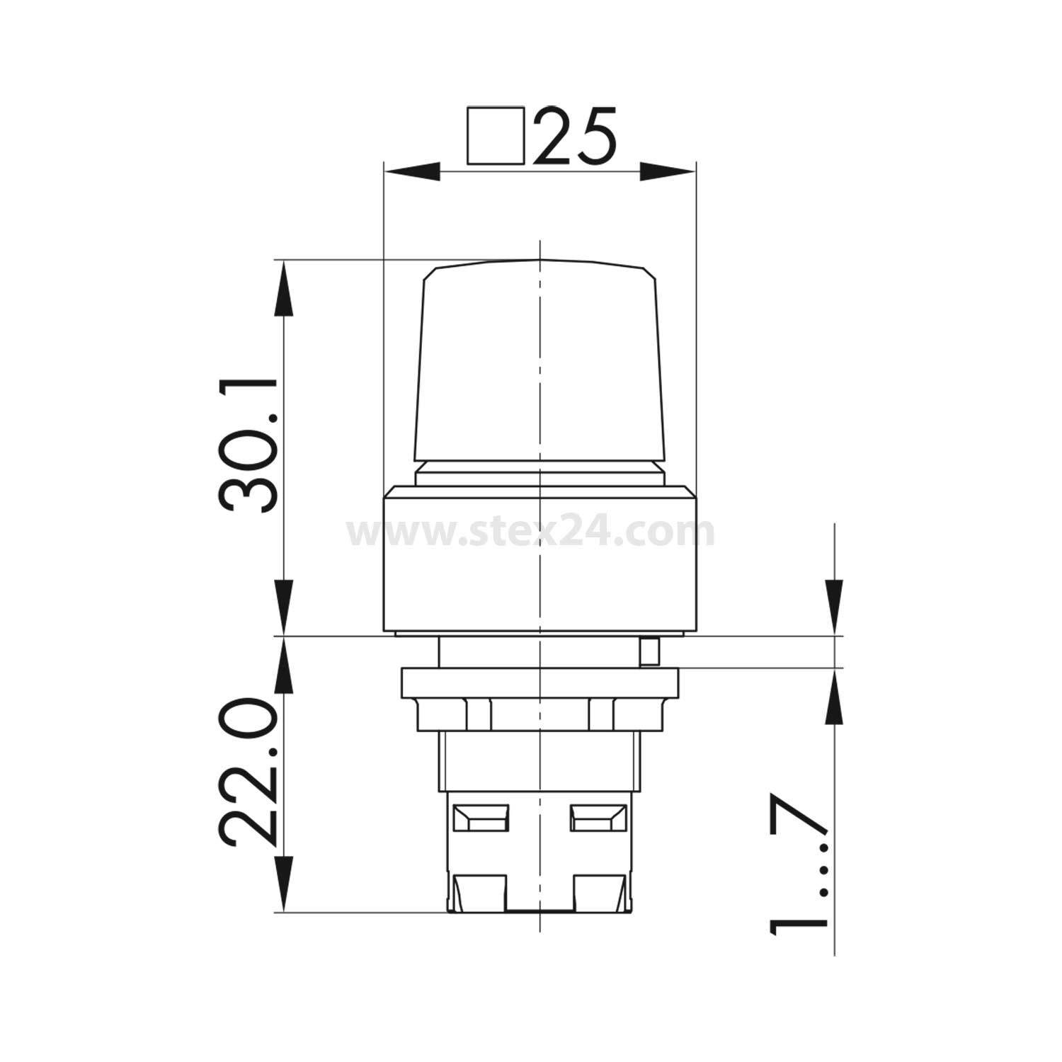 Technische Zeichnung einer zylindrischen Komponente mit Abmessungen: 25 mm Breite, 30,1 mm obere Höhe und 22 mm untere Höhe, gekennzeichnet mit ste24.com