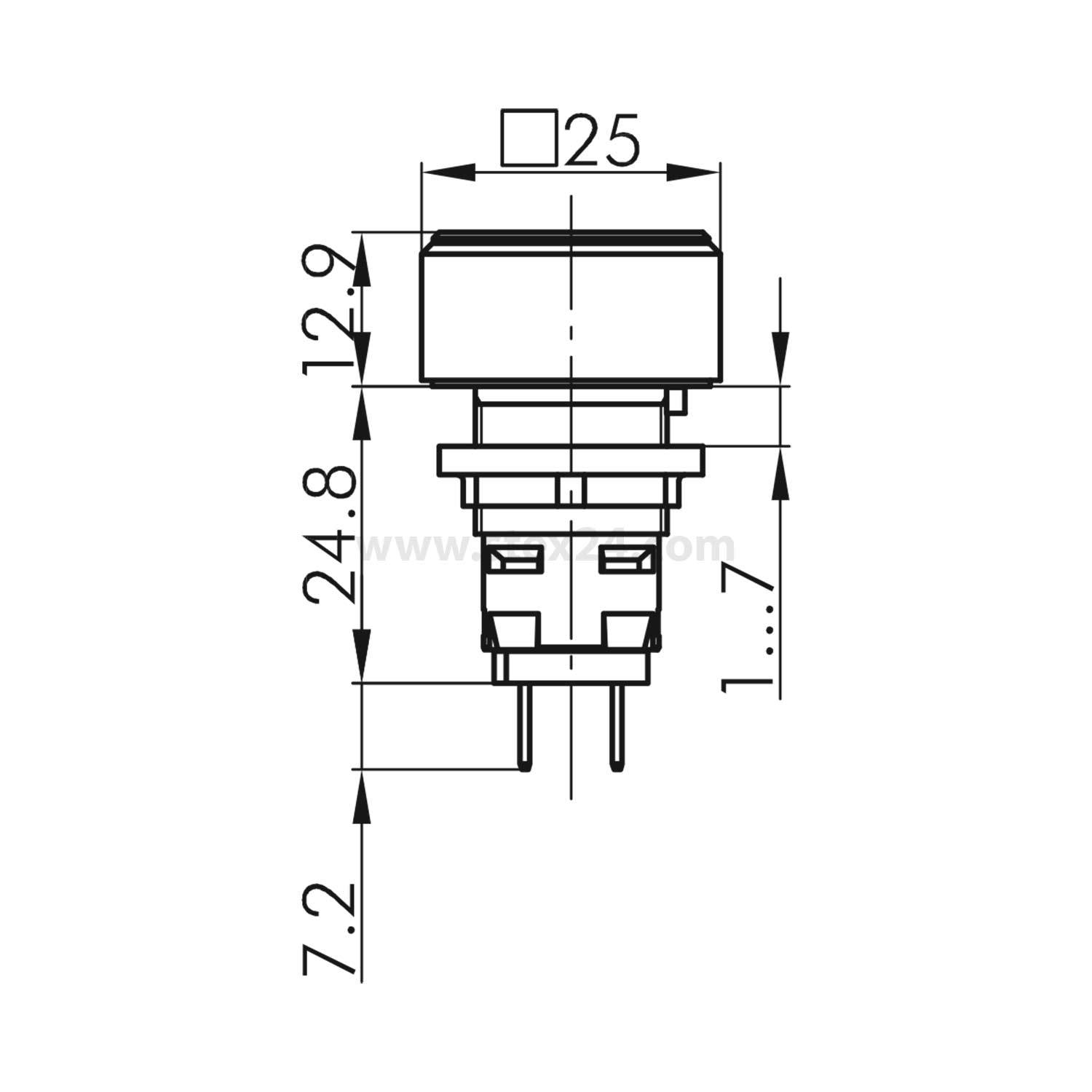 Diagramm zur Darstellung der Abmessungen eines mechanischen Schalters: Breite 25 mm, Höhe 24,8 mm, zusätzliche Maßangaben: 12,9 mm, 7,2 mm und 1,7 mm.