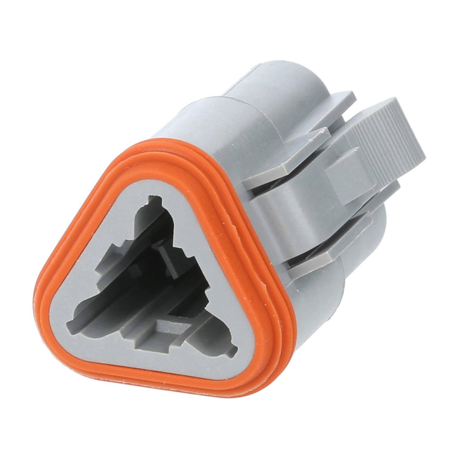 Ein grauer elektrischer Stecker mit einer orangefarbenen dreieckigen Dichtung, versehen mit drei Schlitzen, der für sichere Kabelverbindungen in der Automobilindustrie verwendet wird.