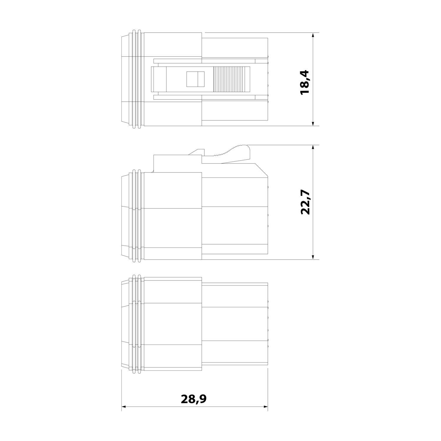 Technische Zeichnung einer mechanischen Komponente mit drei Seitenansichten und Dimensionen: 18,4, 22,7 und 28,9 Einheiten.