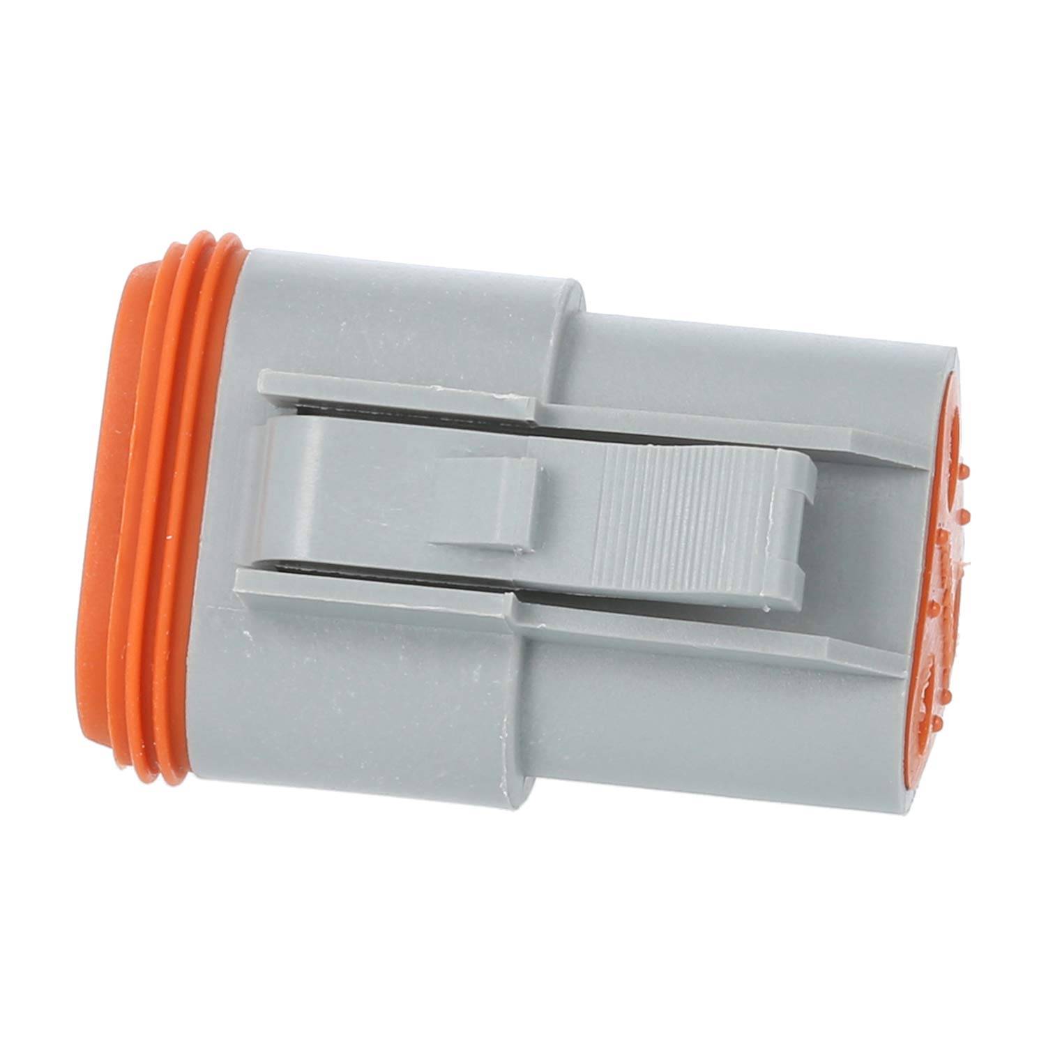 Ein grau-orangefarbener elektrischer Verbinder mit einer zylindrischen Form, der einen Verriegelungsmechanismus an der Seite aufweist, möglicherweise für Verkabelung oder Anschlüsse.