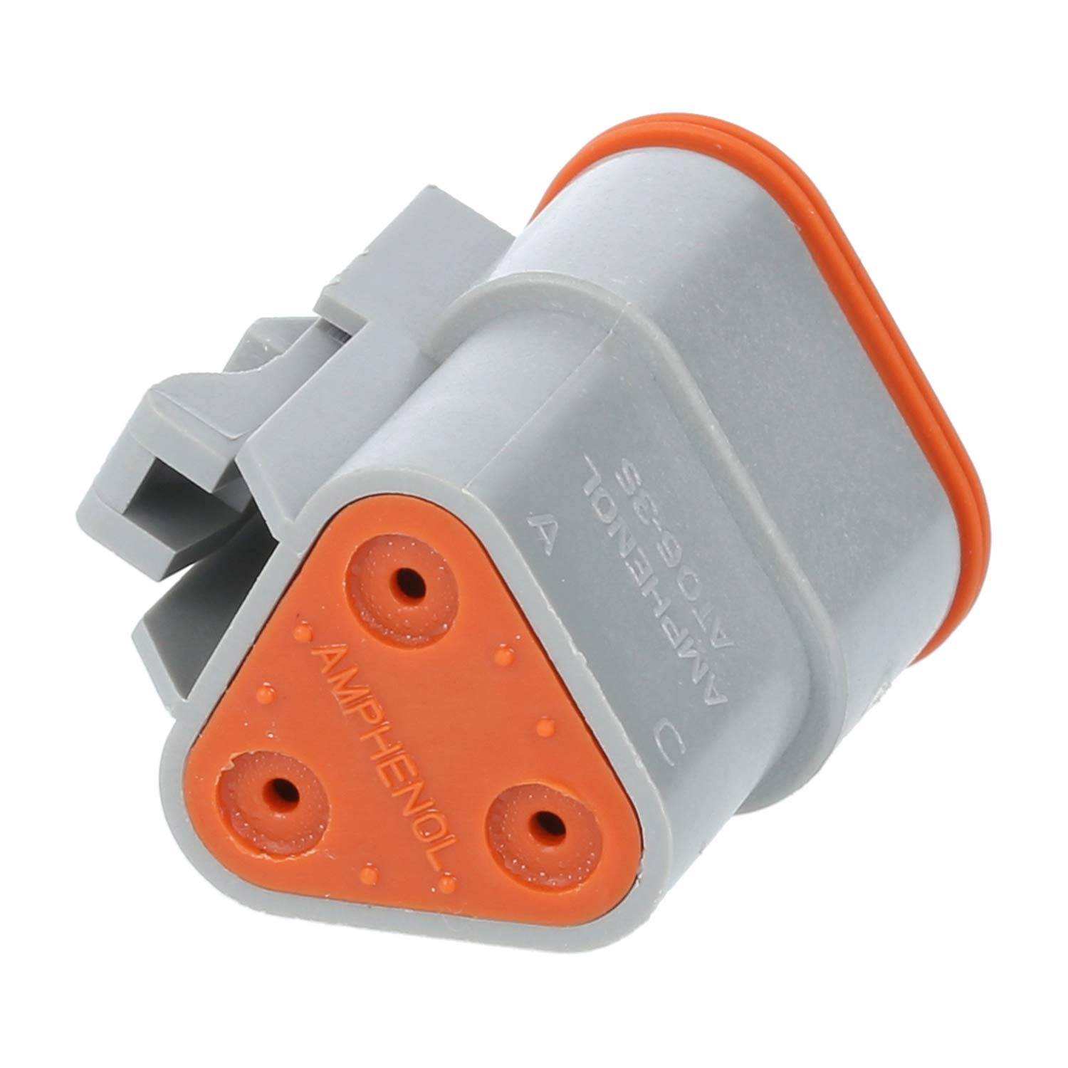 Ein grau-orangener elektrischer Verbinder mit drei kreisförmigen Anschlüssen, die mit ‚AMPHENOL' beschriftet sind.