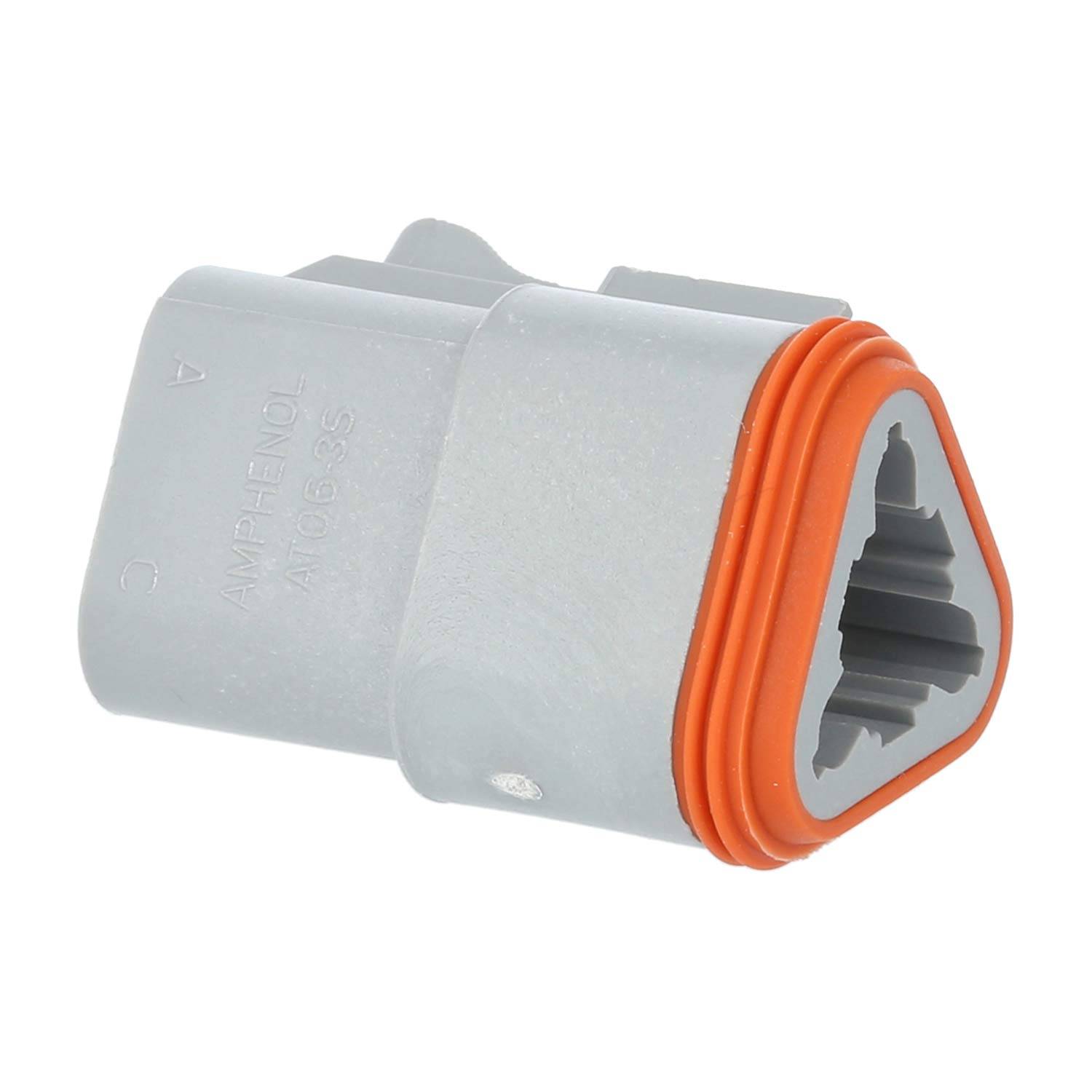 Ein grau und orange rechteckiger elektrischer Steckverbinder mit einer dreieckigen Öffnung und vorstehender Dichtung zum Abdichten, gekennzeichnet mit ‚Amphenol'.
