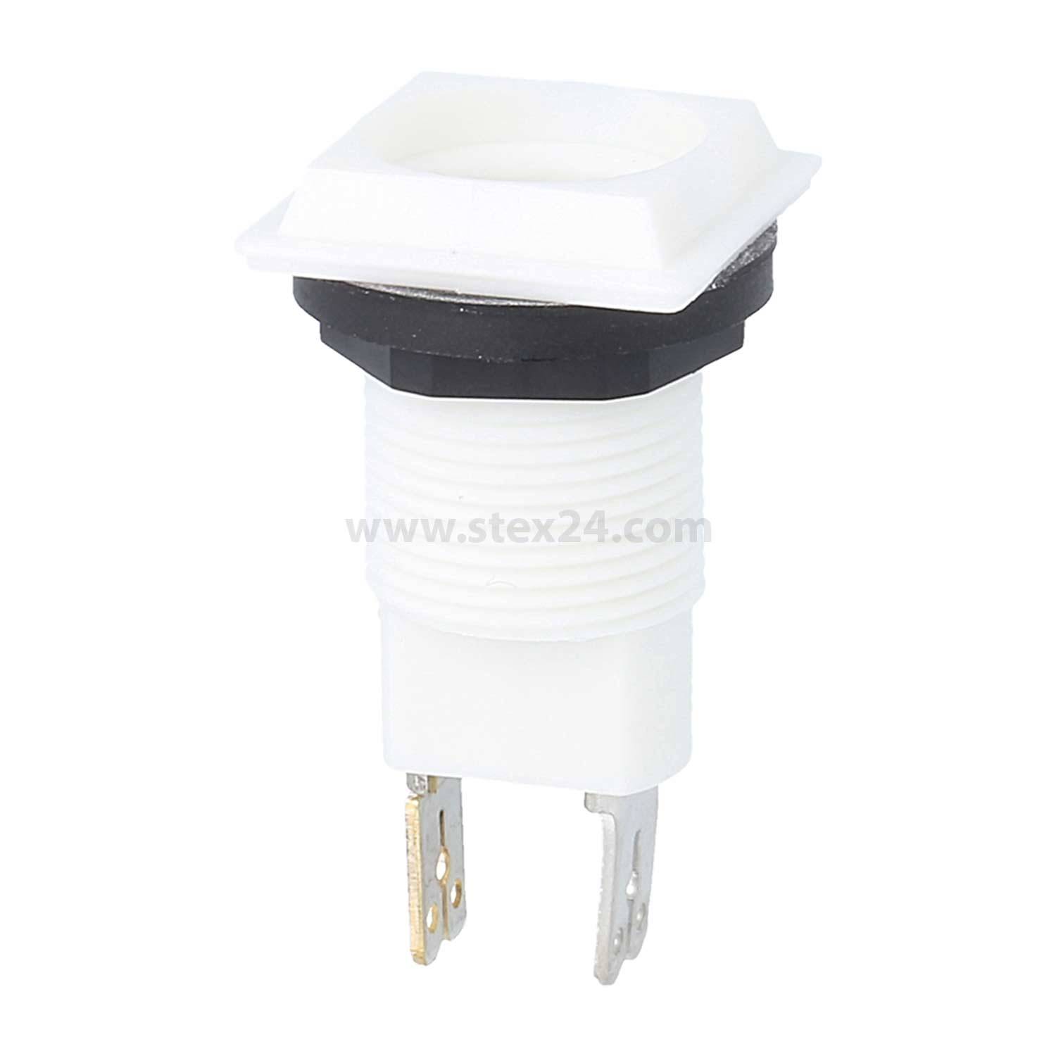 Ein weißer, quadratischer Drucktaster mit zwei Metallkontakten an der Unterseite, der für den Einsatz in elektronischen Geräten konzipiert ist.