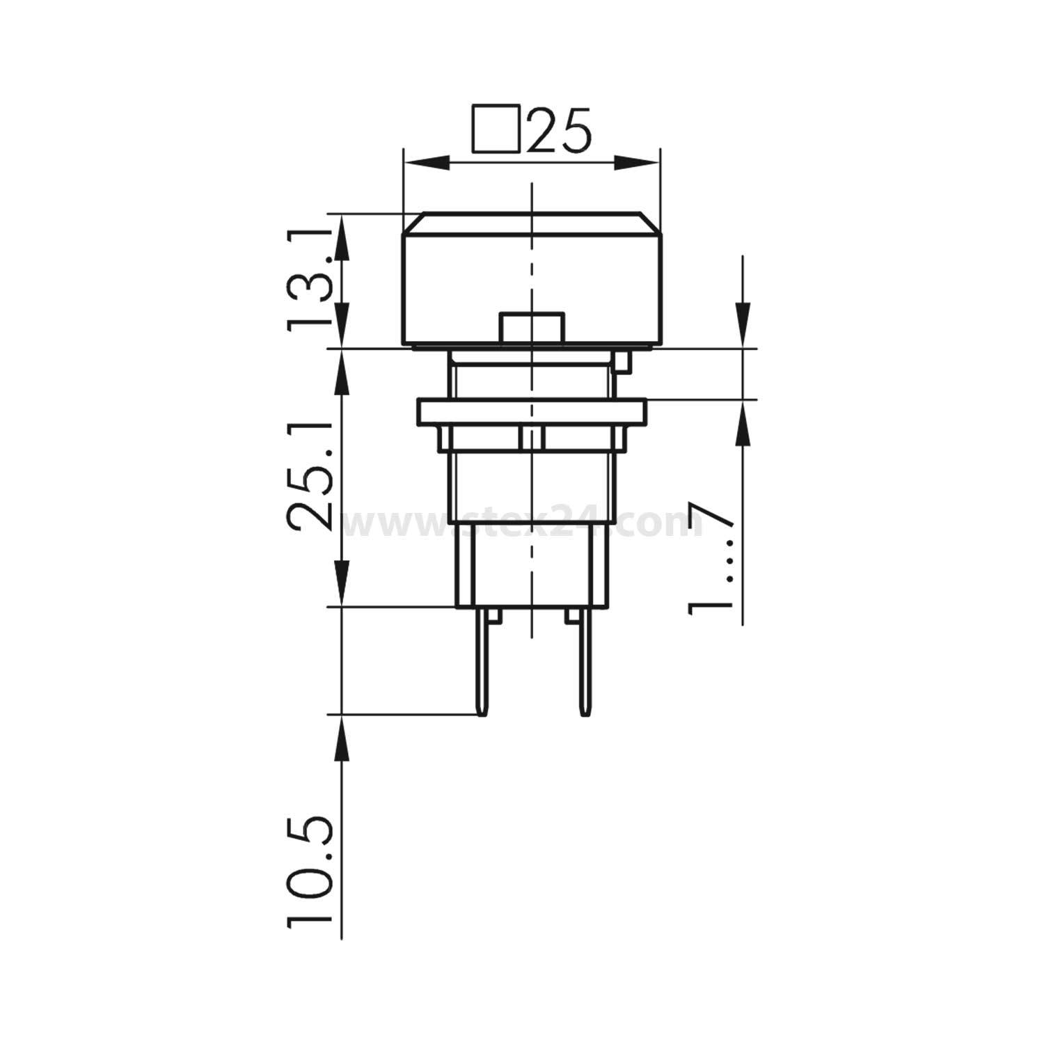 Technische Zeichnung eines quadratischen Knopfes. Abmessungen: 25 mm Breite, 13,1 mm Höhe über der Basis und 25,1 mm Gesamthöhe. Stifte sind 10,5 mm lang.