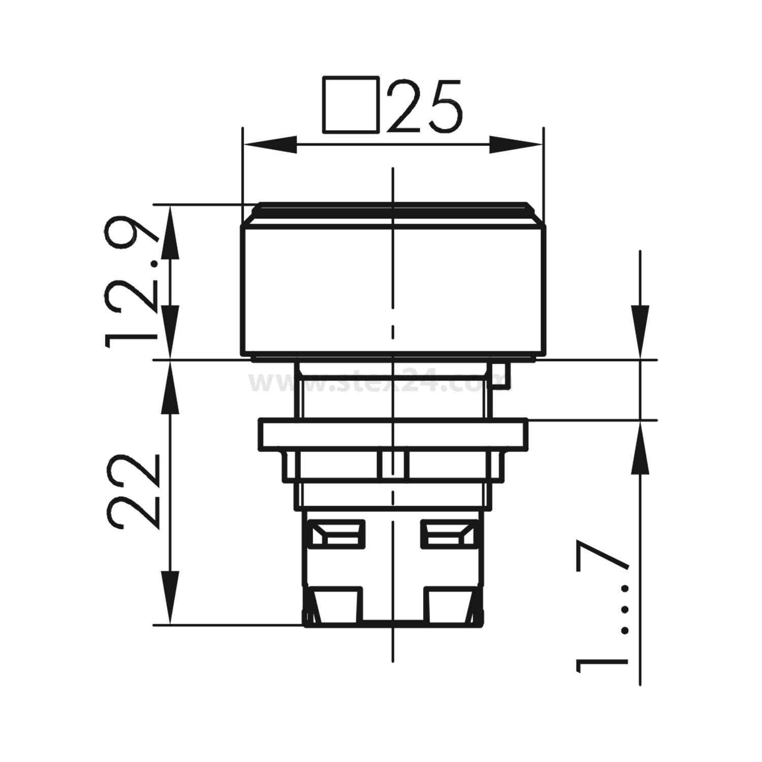 Technische Zeichnung eines rechteckigen Schalters mit Abmessungen: Breite 25 mm, Höhe 12,9 mm, Tiefe 22 mm und weiteren Spezifikationen.
