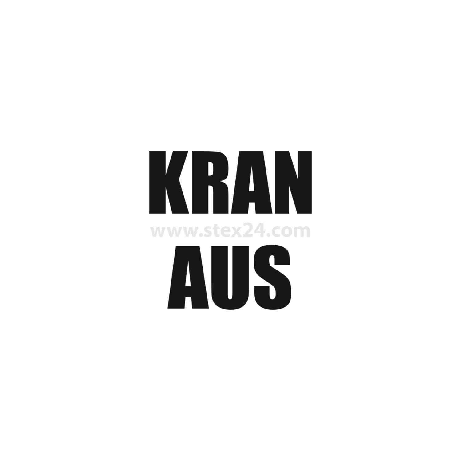 Das Bild zeigt den Text 'KRAN AUS' in fetten schwarzen Buchstaben, zentriert auf weißem Hintergrund.