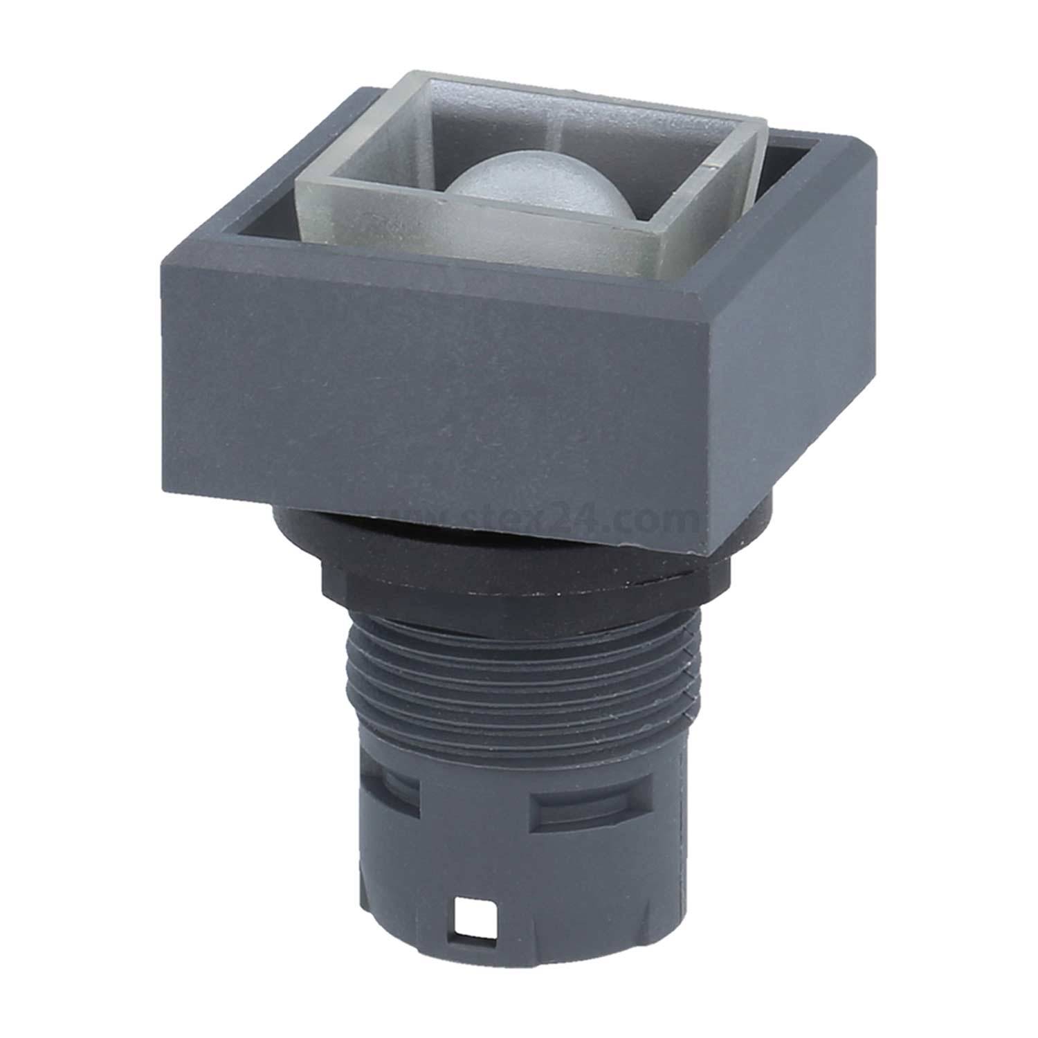 Ein grauer industrieller Drucktaster mit quadratischem Blendrahmen, ausgestattet mit einem gewölbten Betätigungselement, konzipiert für den Einsatz in Steuerungspanels.