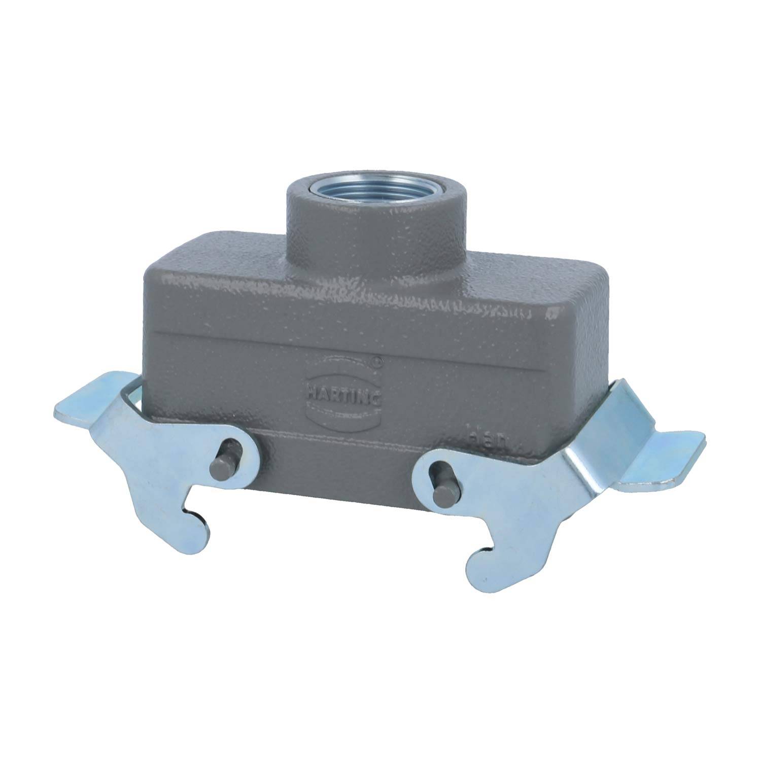 Ein grau-industrielles Anschlussgehäuse mit zwei metallischen Verriegelungsclips an jeder Seite, konzipiert für elektrische und mechanische Verbindungen.