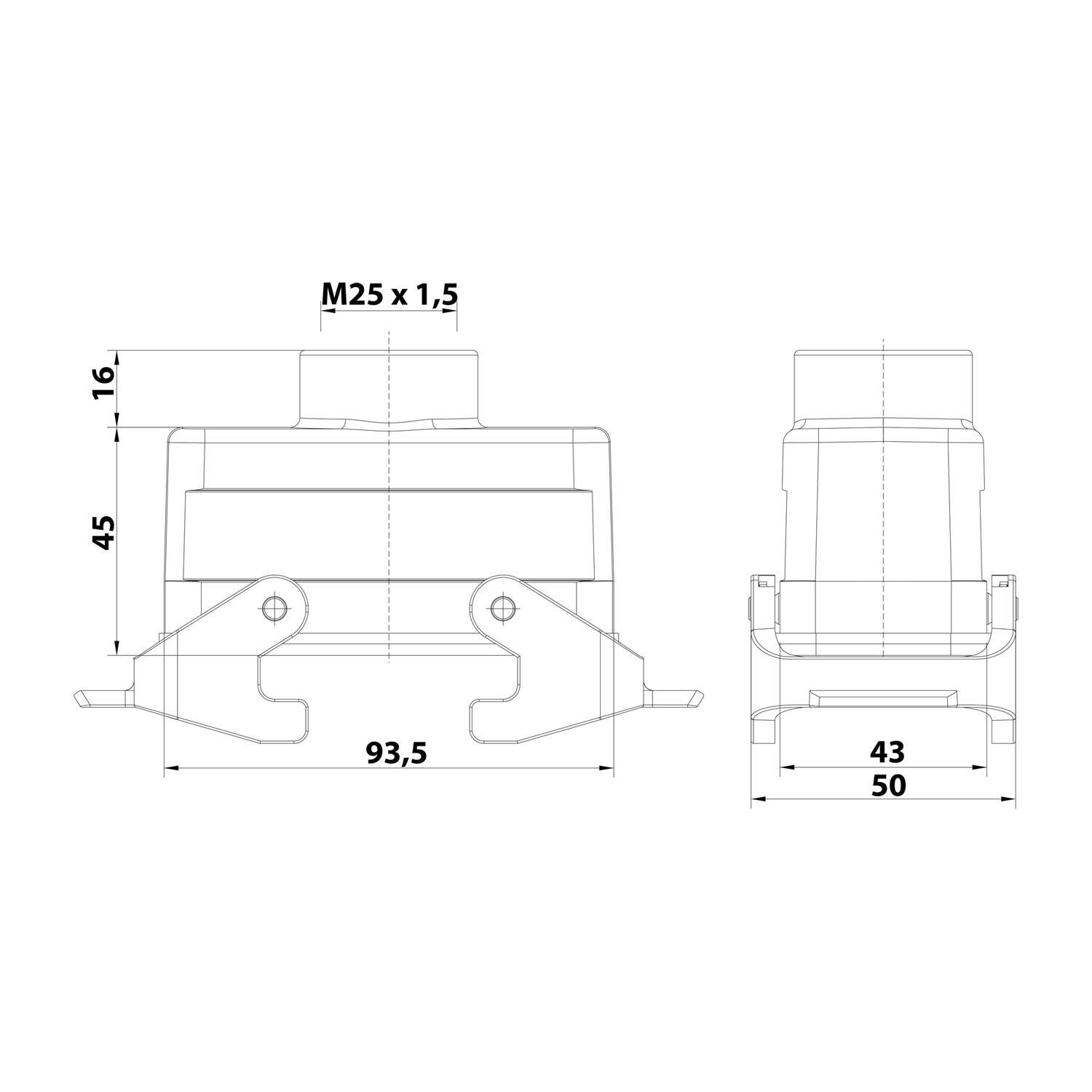 Technische Zeichnung einer mechanischen Komponente. Abmessungen gekennzeichnet: Gesamtbreite 93,5 mm, Höhe 45 mm, Tiefe 43 mm und Gewindegröße M25 x 1,5.