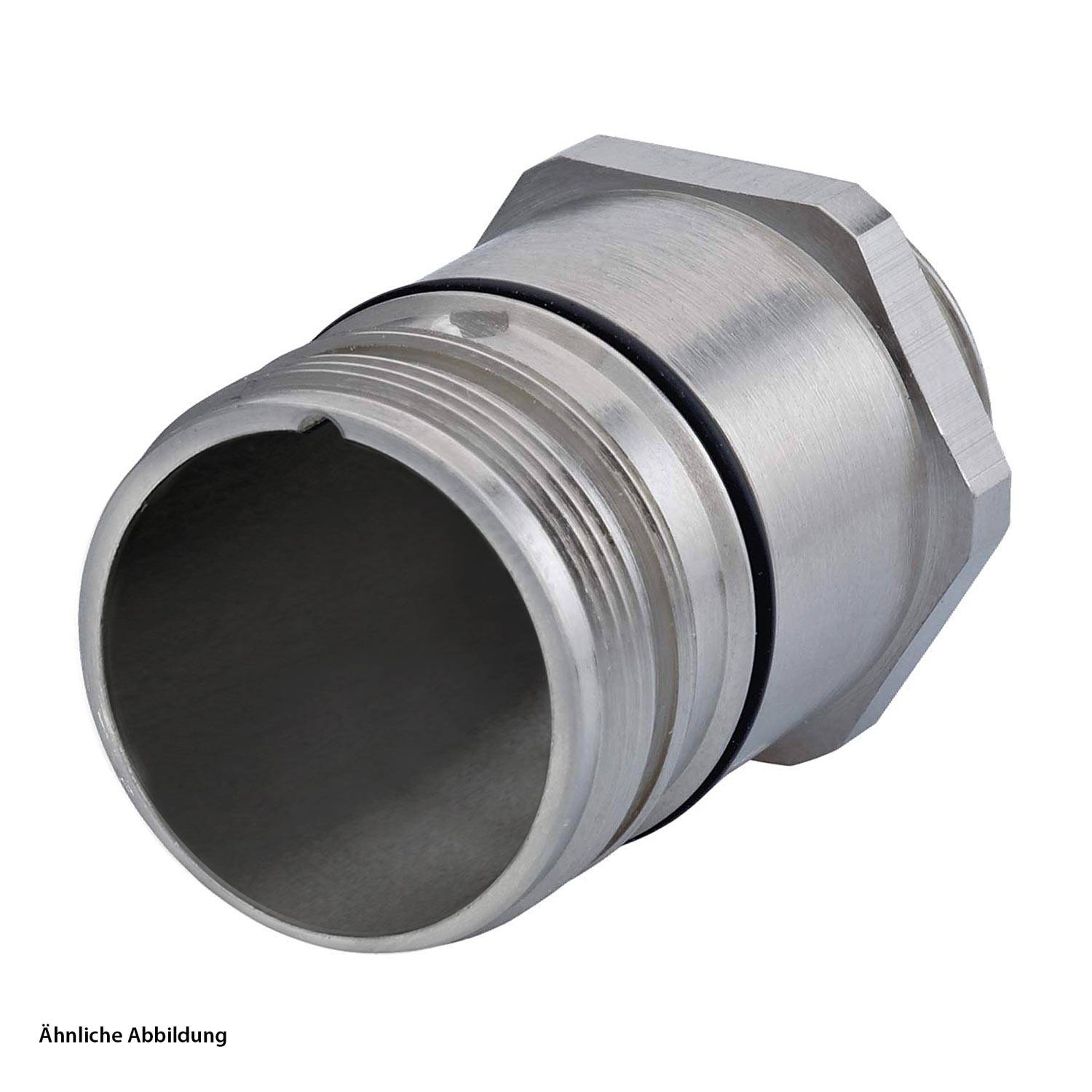 Ein metallischer, zylindrischer Verbinder mit gewindeter Außenseite und einer Gummidichtung, der typischerweise für sichere elektrische oder Fluidverbindungen verwendet wird.