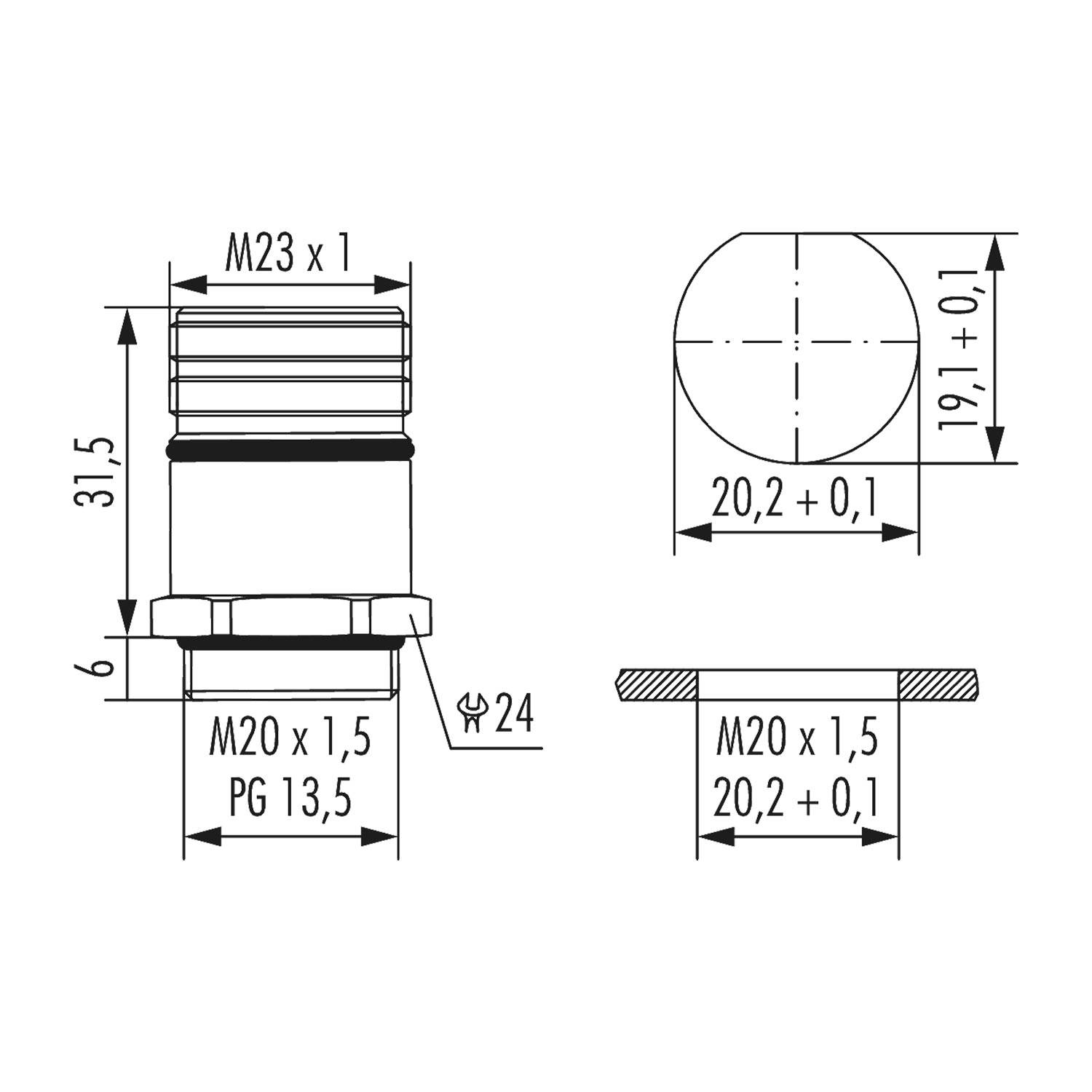 Technische Zeichnung einer zylindrischen Gewindebauteils mit Maßangaben: M23 x 1, M20 x 1.5 und 31,5 mm Höhe.