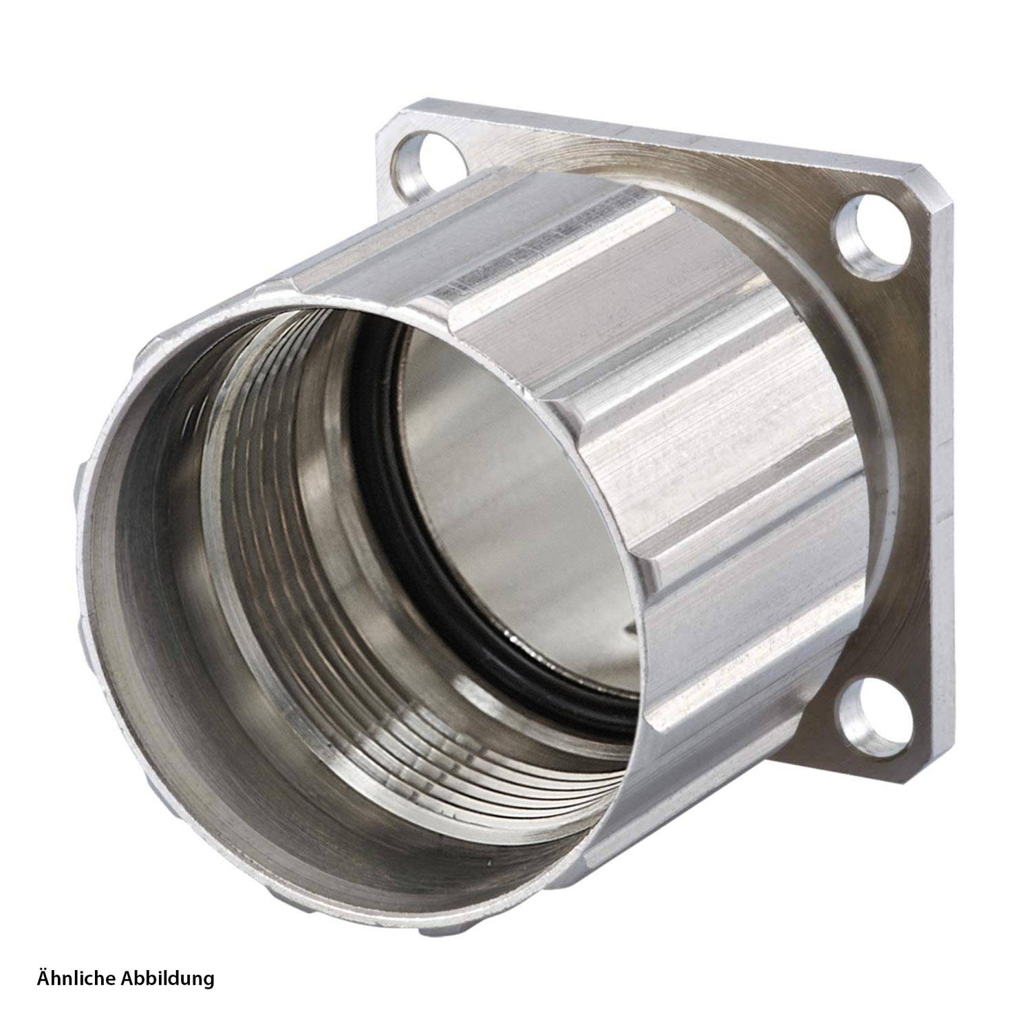 Metallischer Rundsteckverbinder mit quadratischem Flansch, Innengewinde und gerippter Außenseite. Entwickelt für sichere Kabelverbindungen in industriellen Umgebungen.