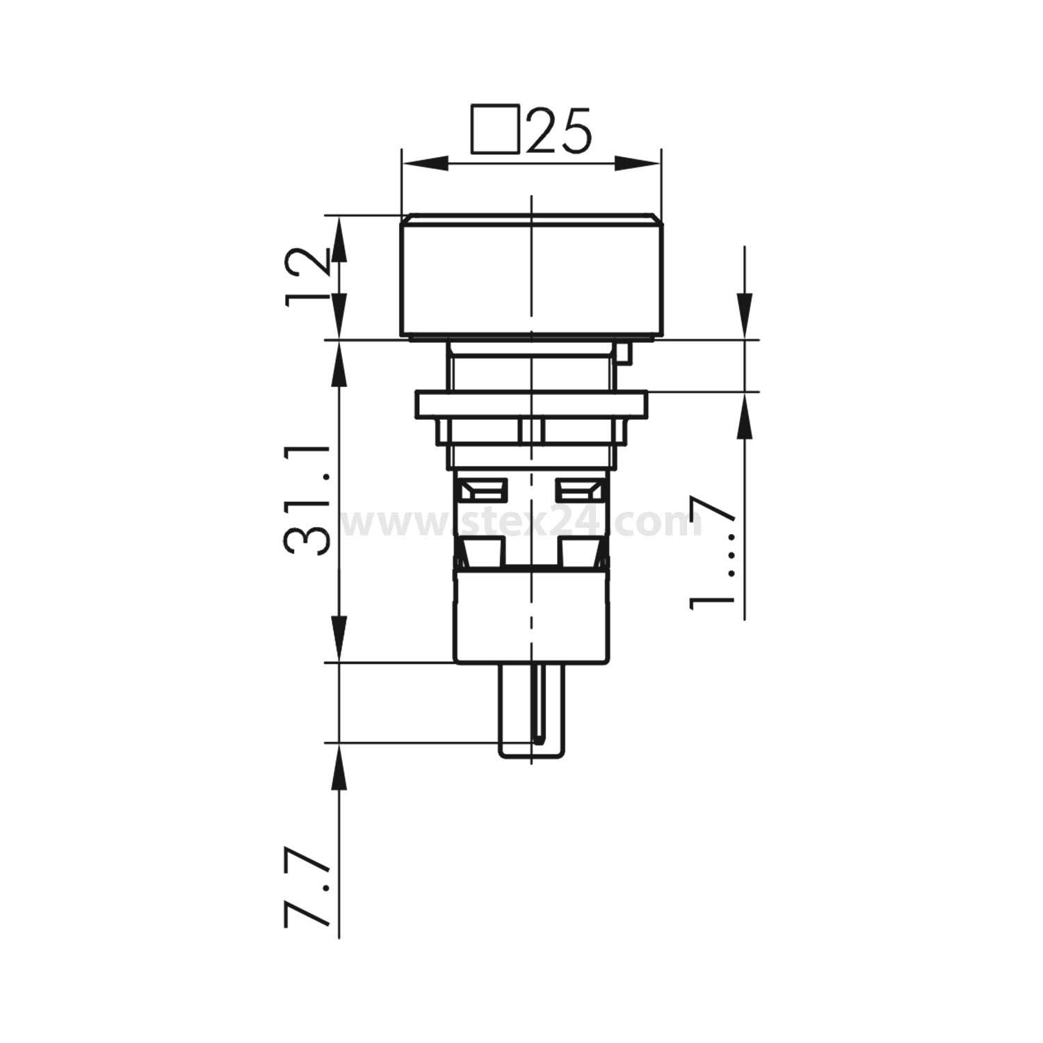 Eine technische Zeichnung zeigt die Abmessungen eines Drucktastenschalters. Die markierten Maße sind 25, 12, 31,1, 1,7 und 7,7.