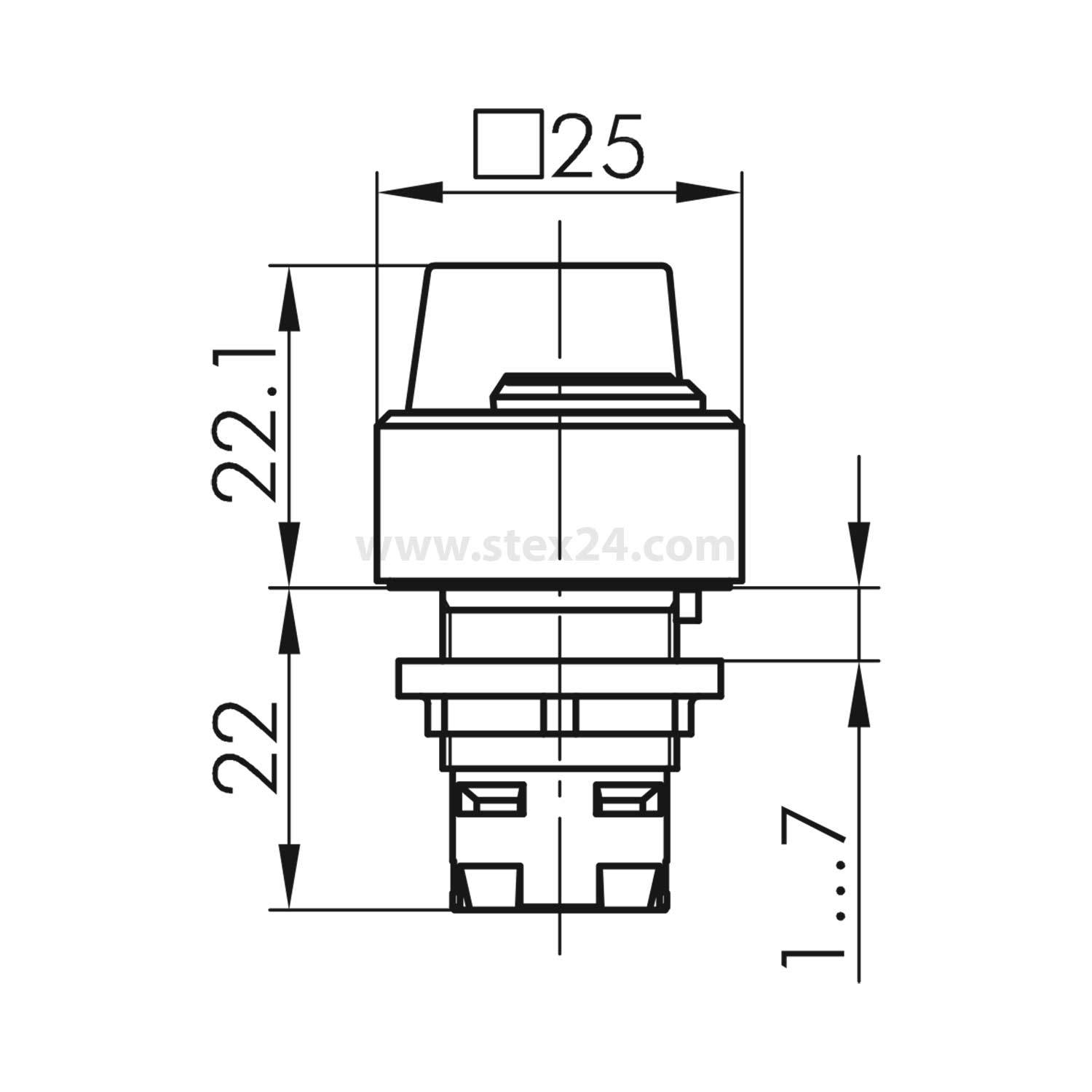 Schalterskizze eines Drucktasters mit Maßangaben: 22,1 mm und 22 mm Höhe, 25 mm Breite, mit Basis- und Tastenabschnitt.