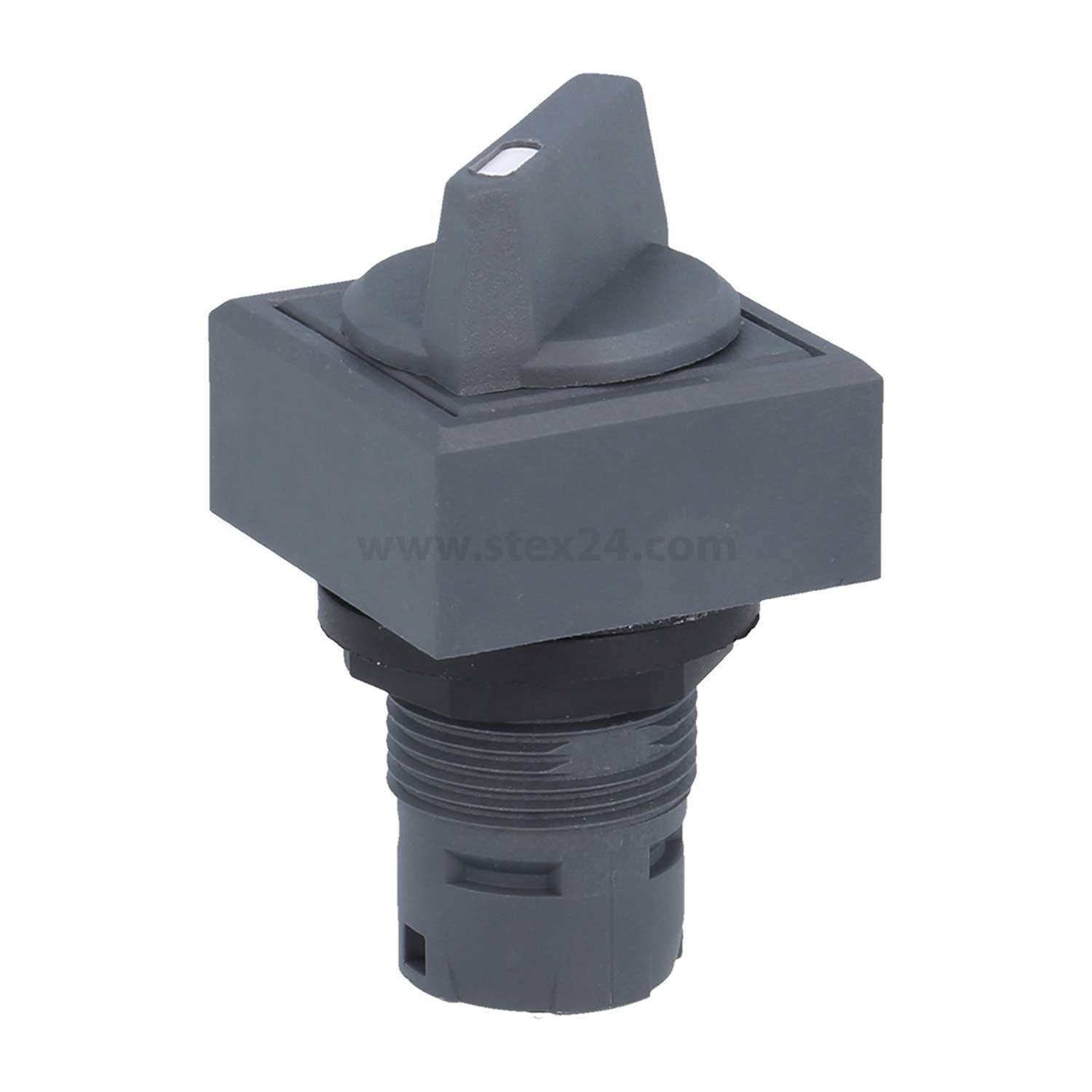 Ein quadratischer Schlüsselschalter mit einem drehbaren Knopf für Bedienfelder, dargestellt auf einem neutralen Hintergrund. Der Schalter ist überwiegend grau gefärbt.