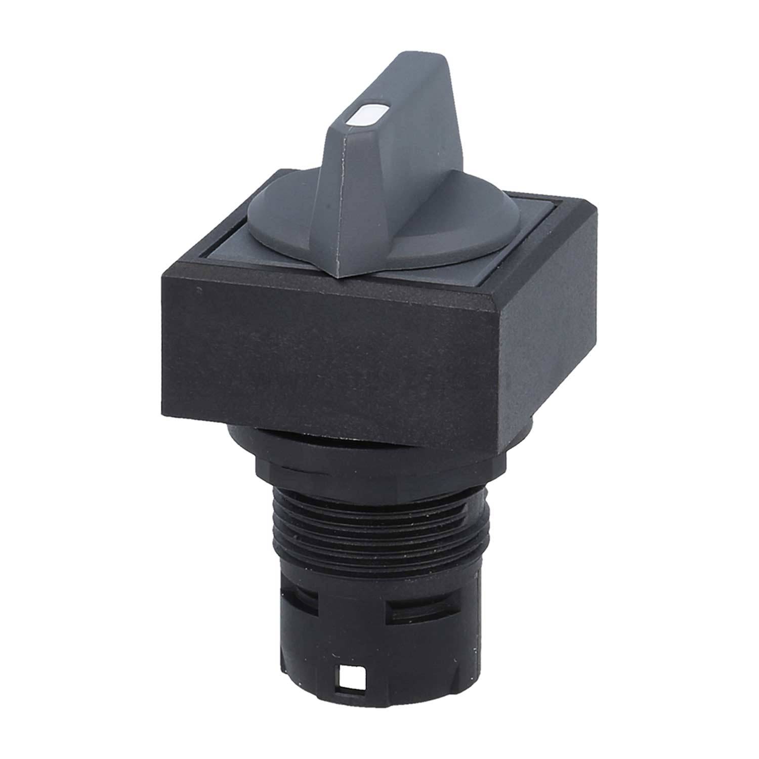 Quadratischer schwarzer Kippschalter mit flachem Hebel, konzipiert für die Paneelmontage in elektronischen oder elektrischen Geräten.