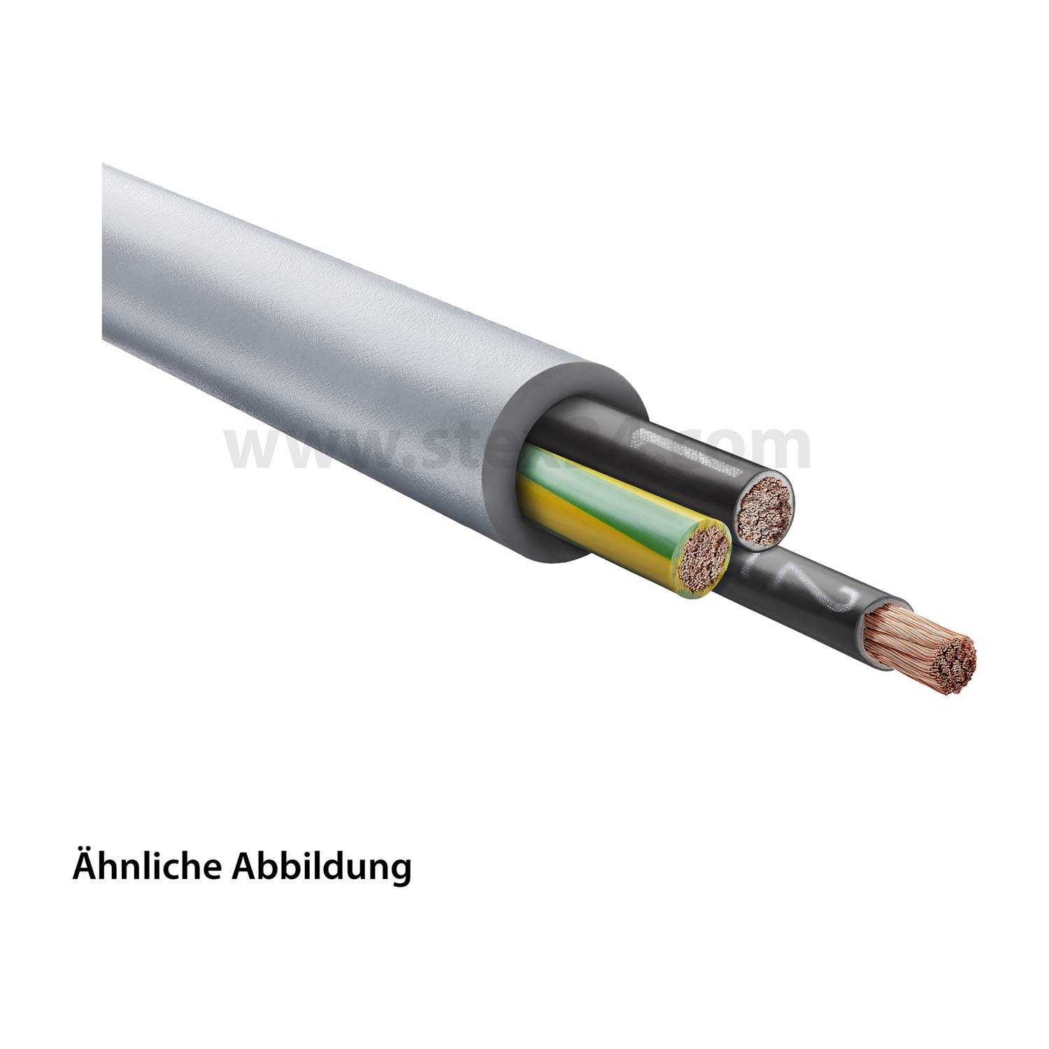 Nahaufnahme eines durchtrennnten elektrischen Kabels, das mehrere farbige Leitungen innerhalb einer grauen Außenhülle zeigt. Text lautet 'Ähnliche Abbildung'.