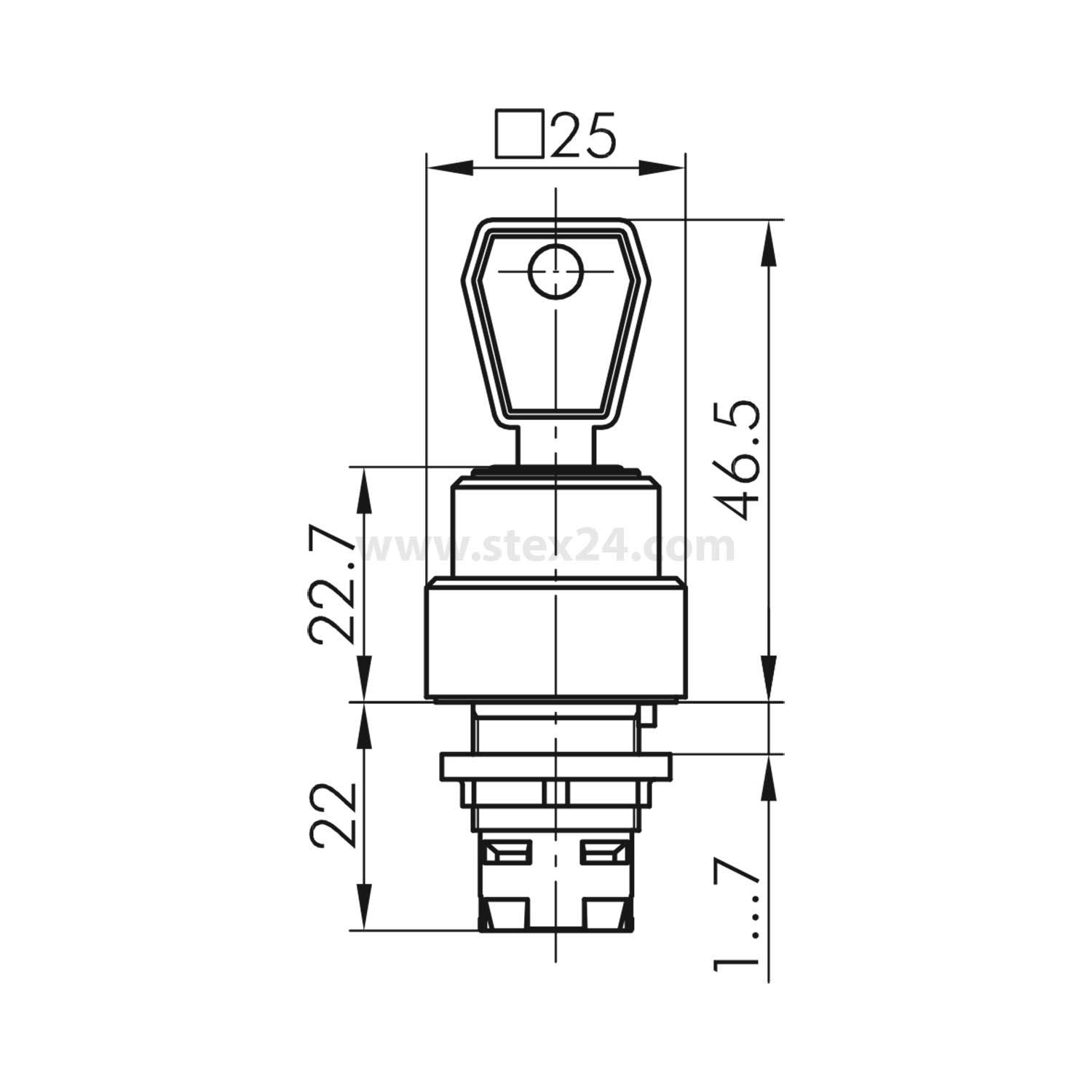 Technische Zeichnung eines Schlüsselschalters mit Abmessungen: 25 mm Breite, 46,5 mm Höhe und mehreren Messungen entlang der Seiten.