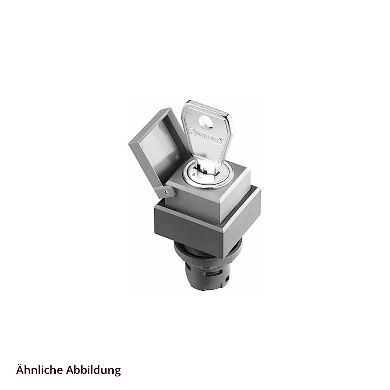 Ein 'A Series' Schlüsselschloss in offener Position, mit dem Schlüssel, der in einen quadratischen Schlossmechanismus eingeführt wird, montiert auf einer zylindrischen Basis.