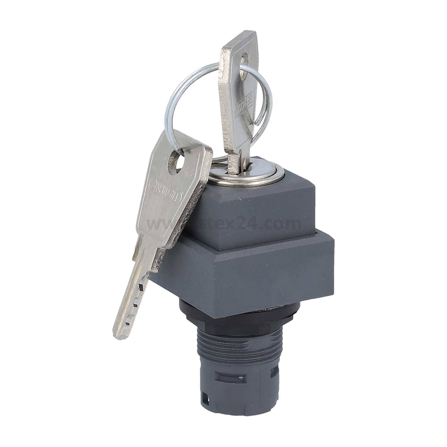 Ein Schlüsselschalter mit eingelegten Schlüsseln, mit einer quadratischen schwarzen Basis und einem zylindrischen grauen Unterteil, der zur Steuerung elektrischer Geräte verwendet wird.