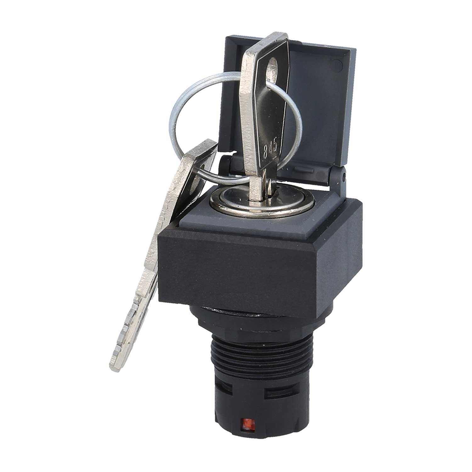 Ein Drehschlüsselschalter mit einer quadratischen schwarzen Basis und zwei angebrachten Schlüsseln, einer eingesteckt und einer herabhängend. Verwendet zur Steuerung elektronischer Geräte.