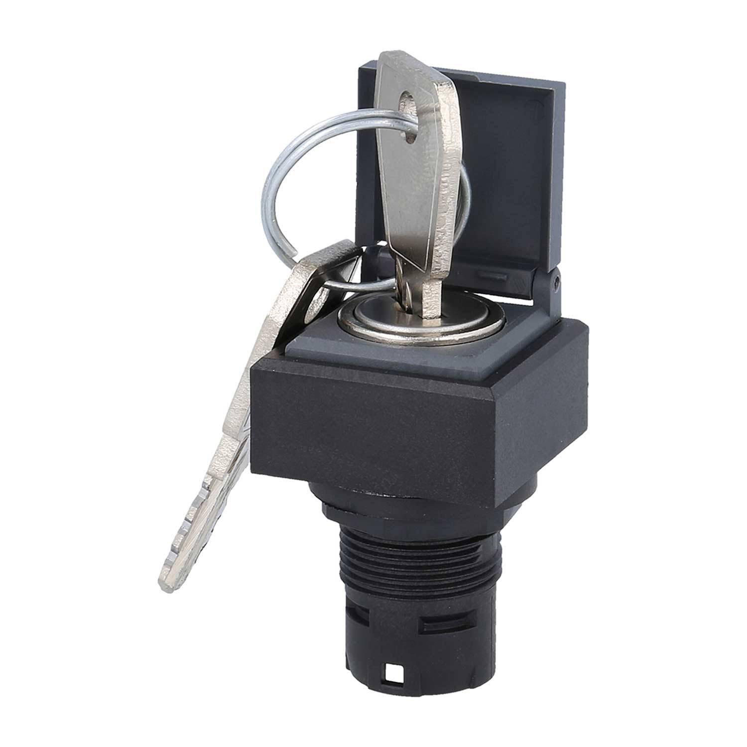 Ein schwarzer quadratischer Zündschalter mit zwei silbernen Schlüsseln, an denen ein Schlüsselring befestigt ist, leicht nach links geneigt vor einem einfarbigen Hintergrund.