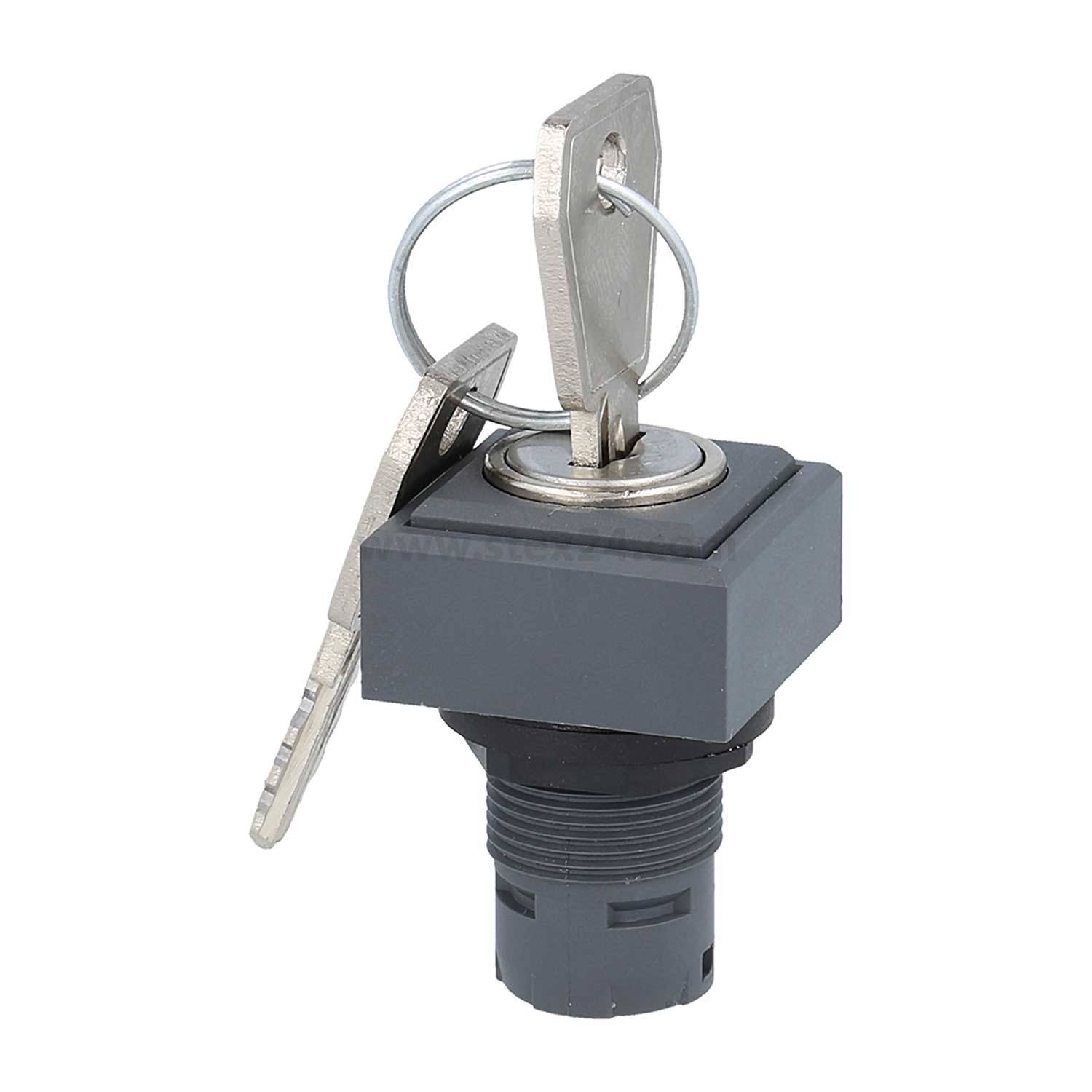 Ein Metallschlüssel wird in einen quadratischen, silber-schwarzen Schlüsselschalter eingeführt, der typischerweise zur Zugriffskontrolle von elektrischen Geräten verwendet wird.