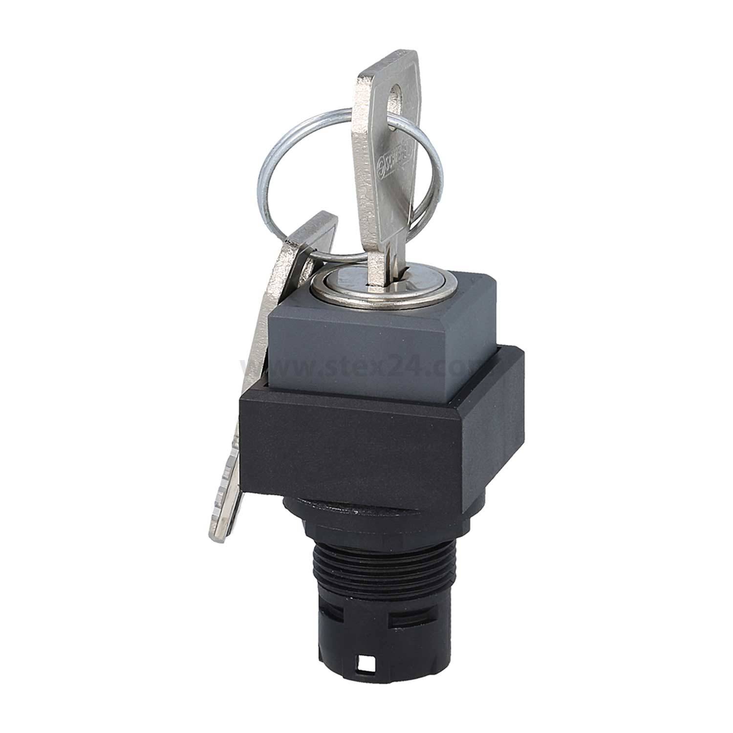 „Schlüssel in einem schwarz-grauen Schalter steckend, Schlüssel an einem Ring hängend.