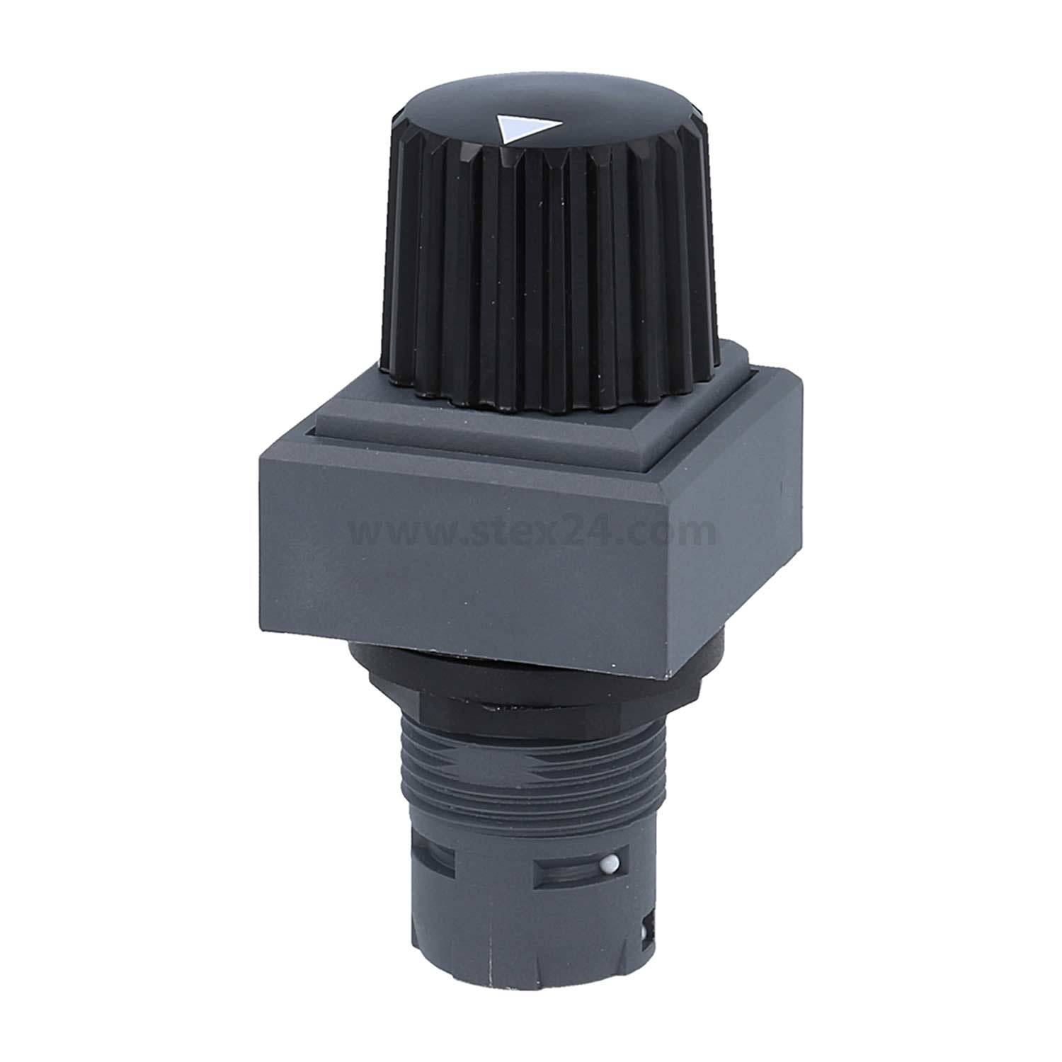 Ein schwarzer und grauer verstellbarer Drehknopf mit einem weißen Dreieckspfeil an der Oberseite, der an einer zylindrischen Basis befestigt ist und zur Steuerung von Geräten verwendet wird.