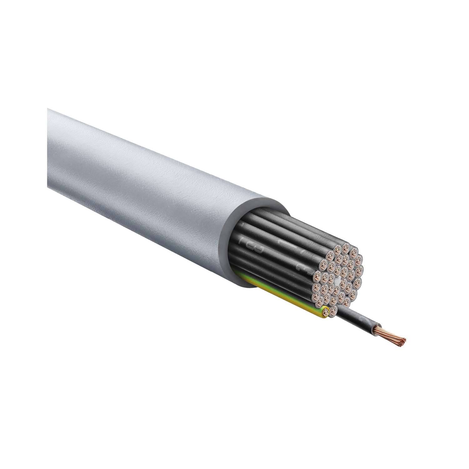 Querschnitt eines Kabels mit mehreren Metaldrähten in einer äußeren grauen Ummantelung; ein Draht ist am Ende freigelegt.