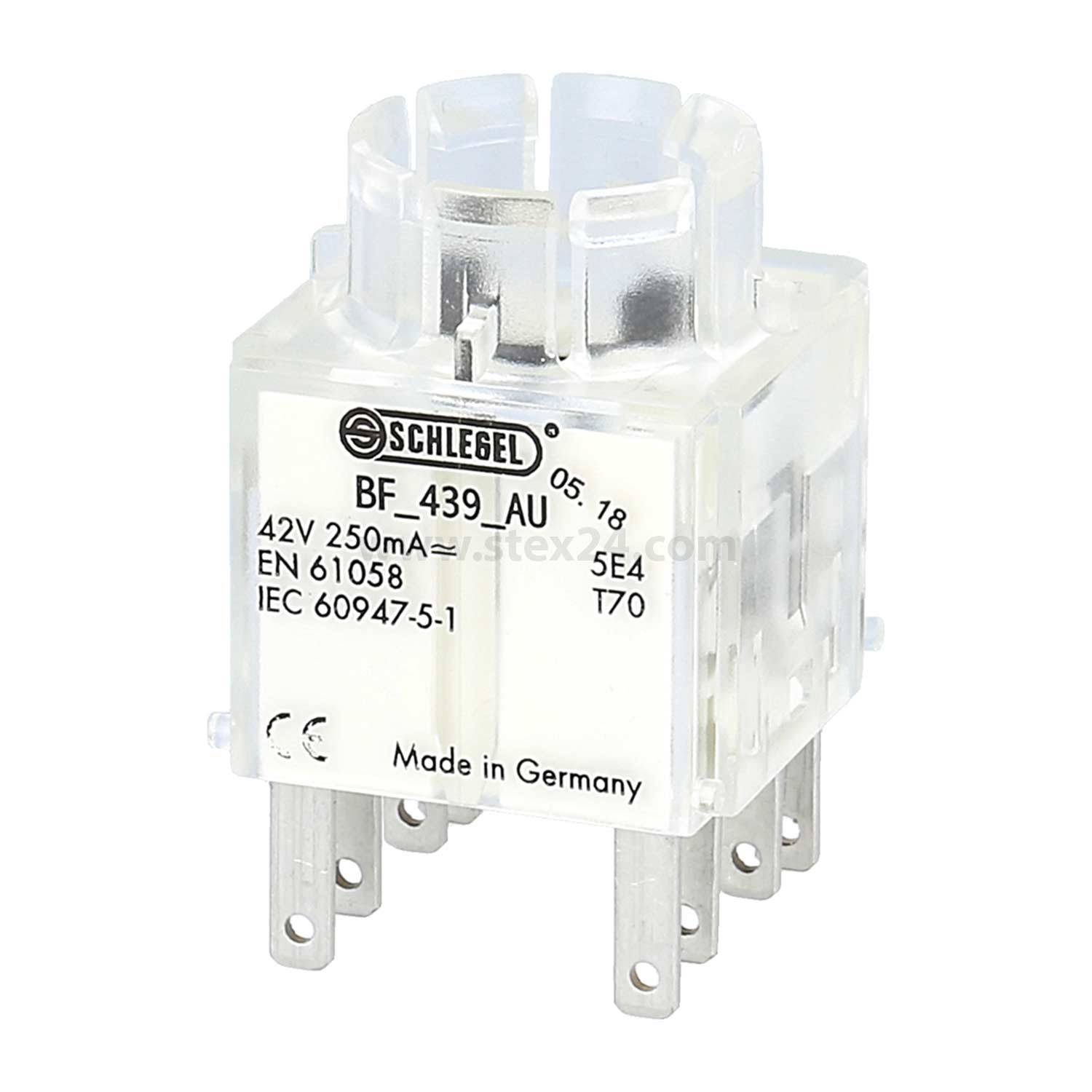 Eine quadratische Relaishalterung mit metallischen Anschlüssen und dem Text 'Schlegel, BF_439_AU, 42V 250mA, EN 61058, IEC 60947.5.1, Made in Germany' darauf gedruckt.