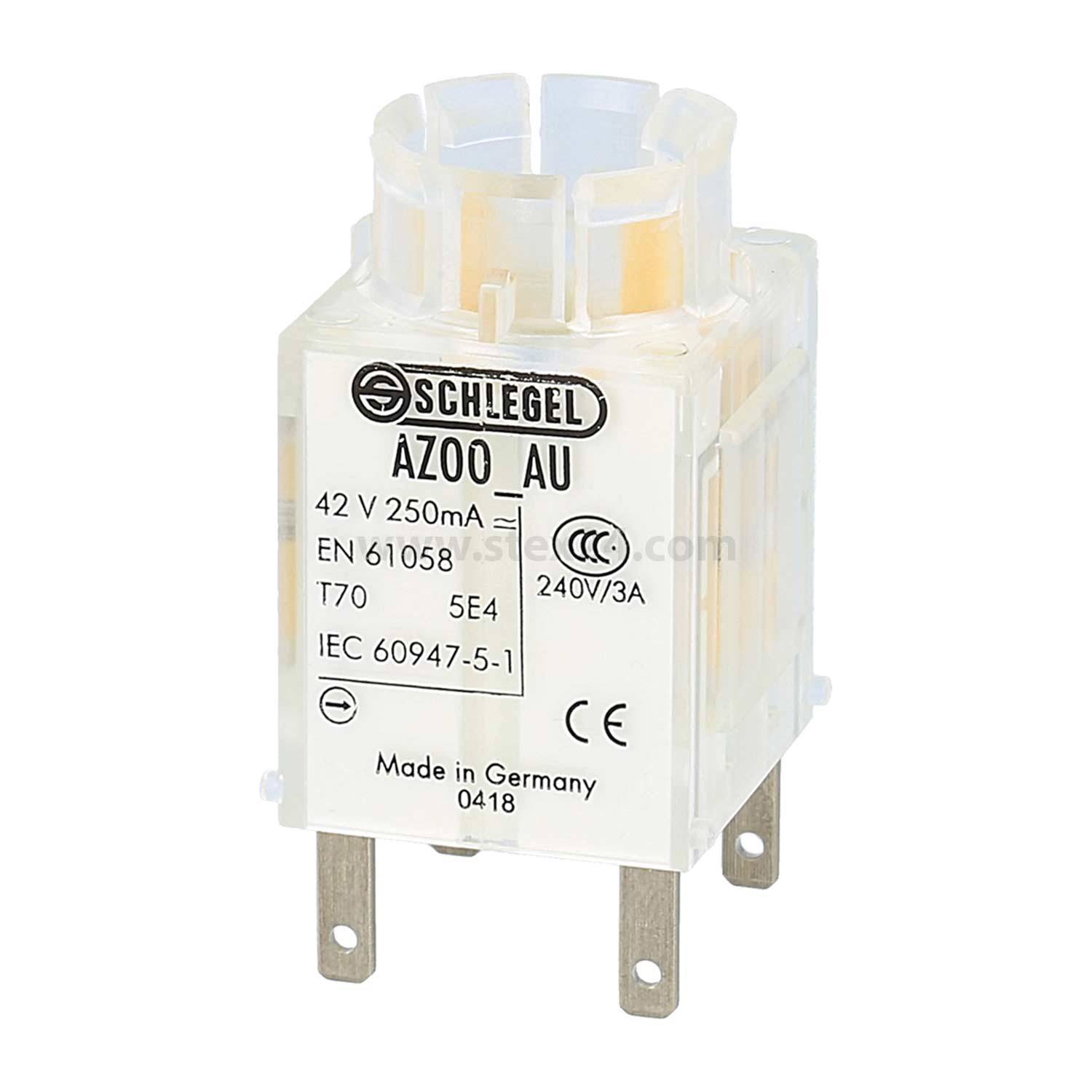 Schlegel AZ00 AU Relais, 42V 250mA, 240V/3A, EN 61058 Norm, T70 5E4, IEC 60947-5-1. Hergestellt in Deutschland. Modellnummer: 0418.