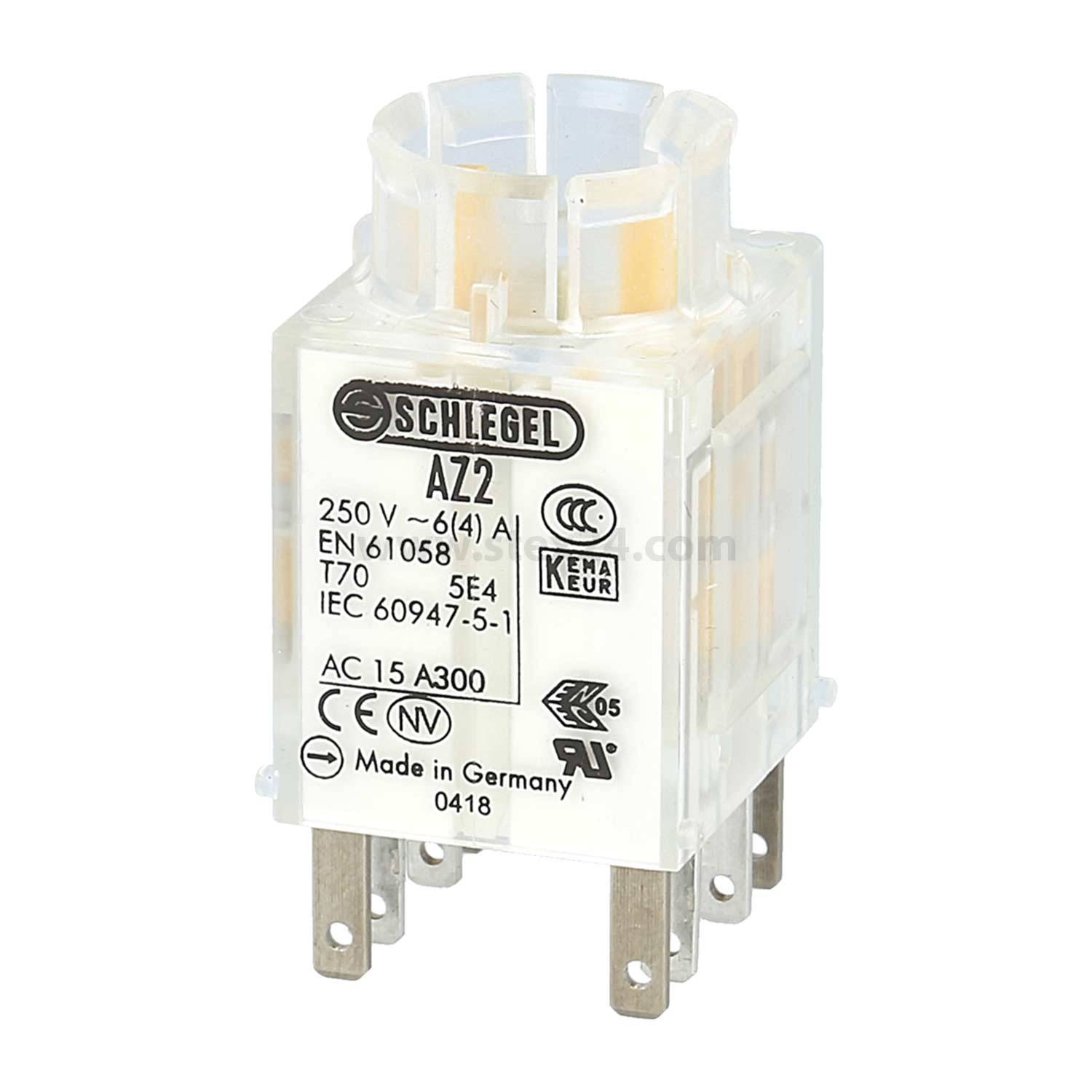 Ein rechteckiger, transparenter elektrischer Relais mit beschrifteten Schaltkreisdetails 'Schlegel A22', 250 V, in Deutschland hergestellt, mit metallischen Anschlusspins.