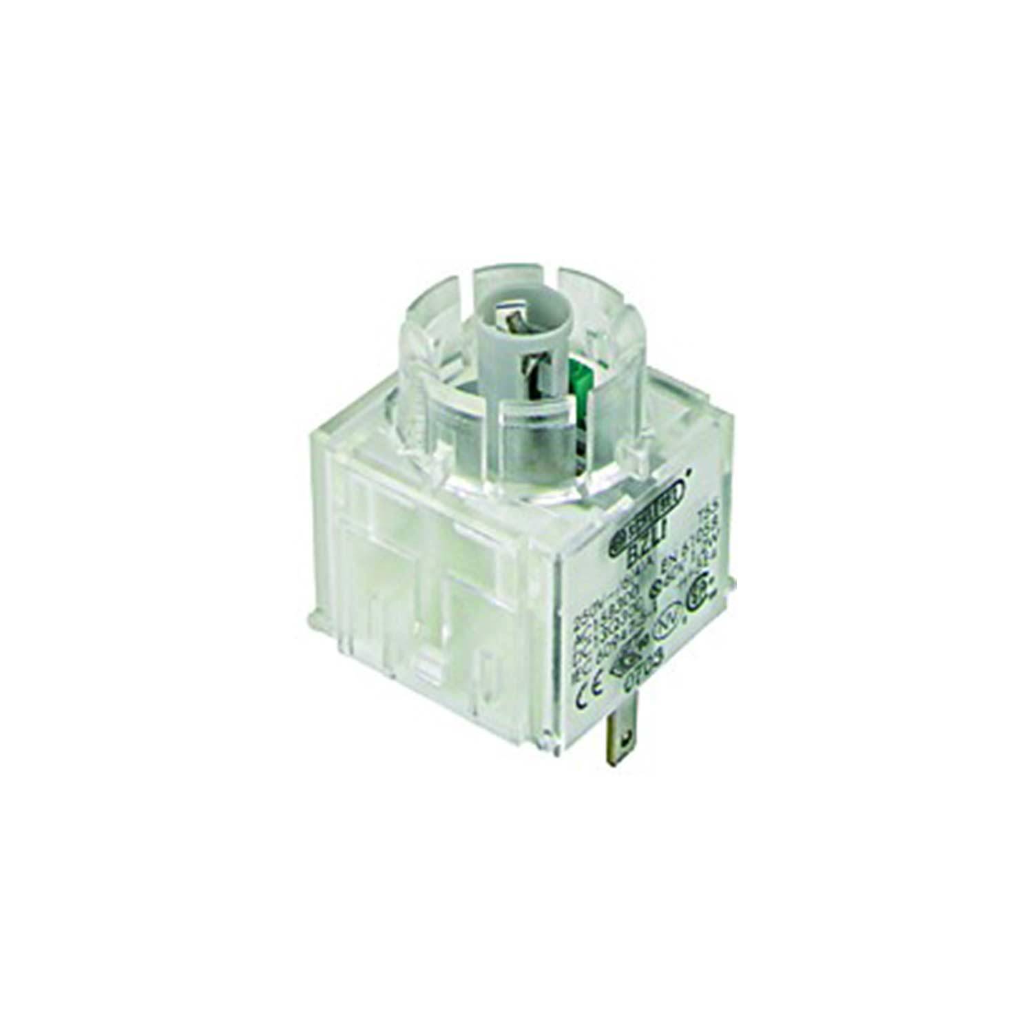 Eine Nahaufnahme eines transparenten Kunststoff-Elektronikbauteils mit seitlichen Textmarkierungen. Die Komponente erscheint würfelförmig mit einem hervorstehenden Teil.