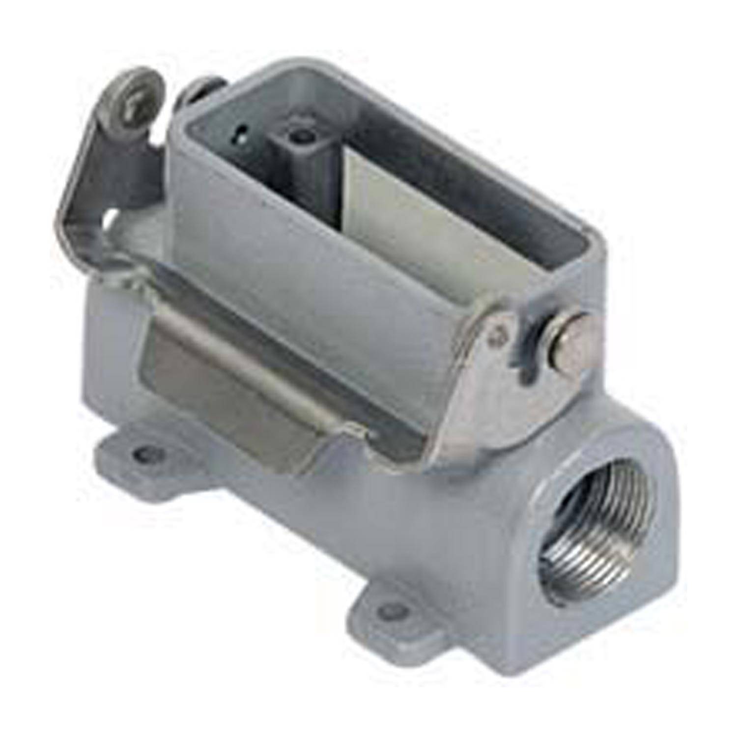 Metallische elektrische Leitungsdose mit seitlicher Öffnung und Deckel, die Zugang zum Innenliegenden Kabelwerk ermöglicht.