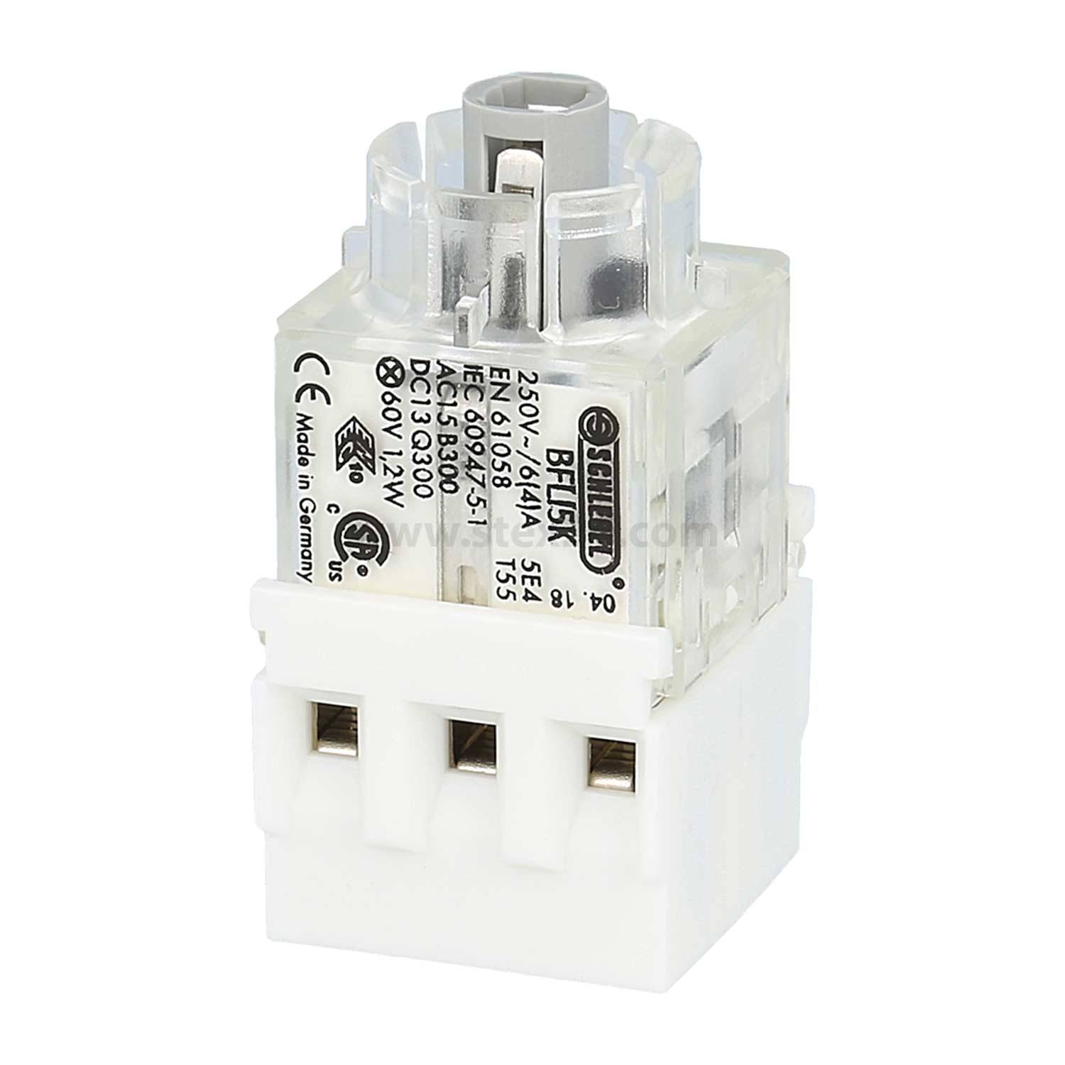 Ein weißes elektrisches Relais mit mehreren Eingangs-/Ausgabeanschlüssen und auf der Oberfläche gedruckten technischen Spezifikationen.