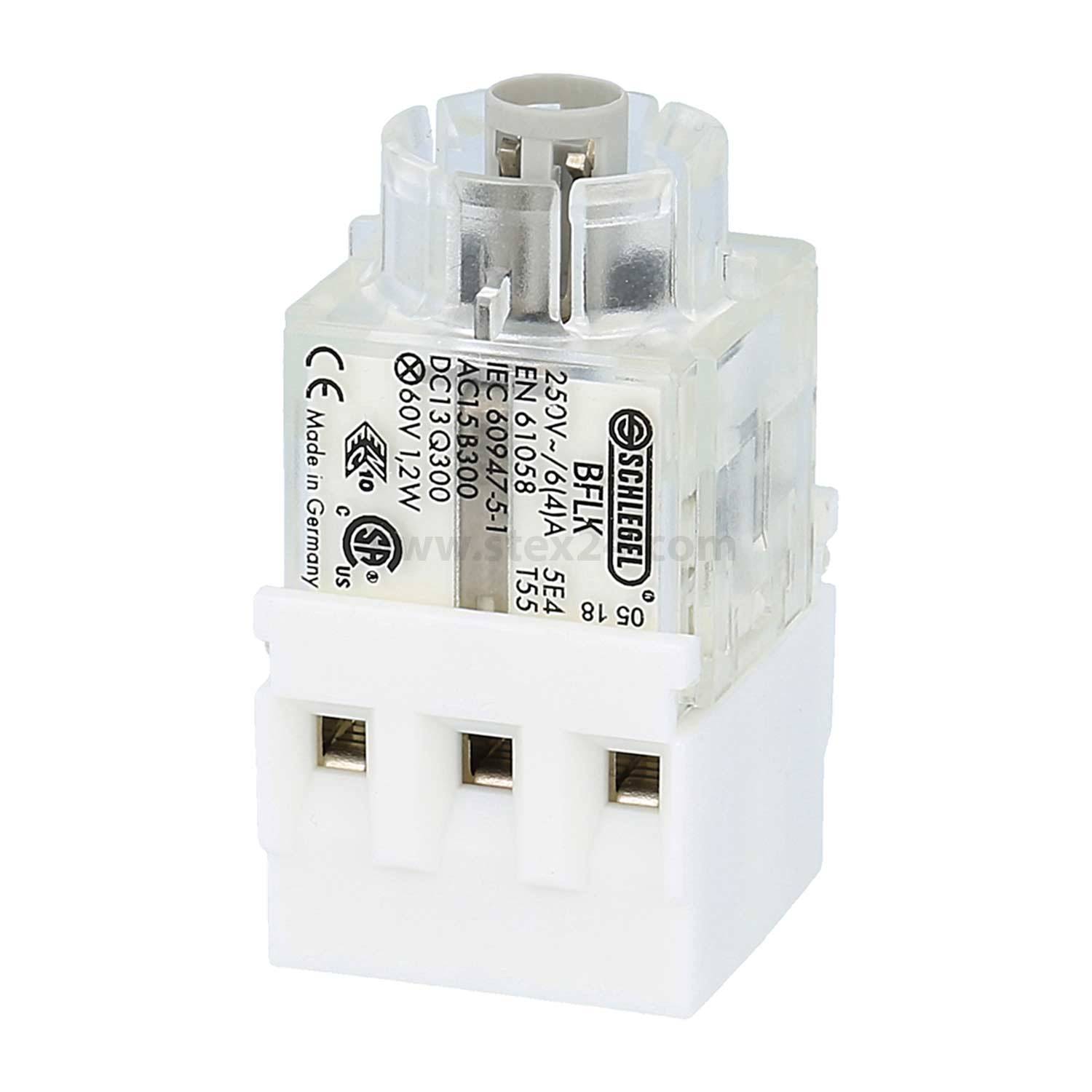 Ein transparenter elektrischer Relais mit beschrifteten Text und drei Metallkontakten am unteren Ende, der zur Steuerung elektrischer Schaltkreise verwendet wird.