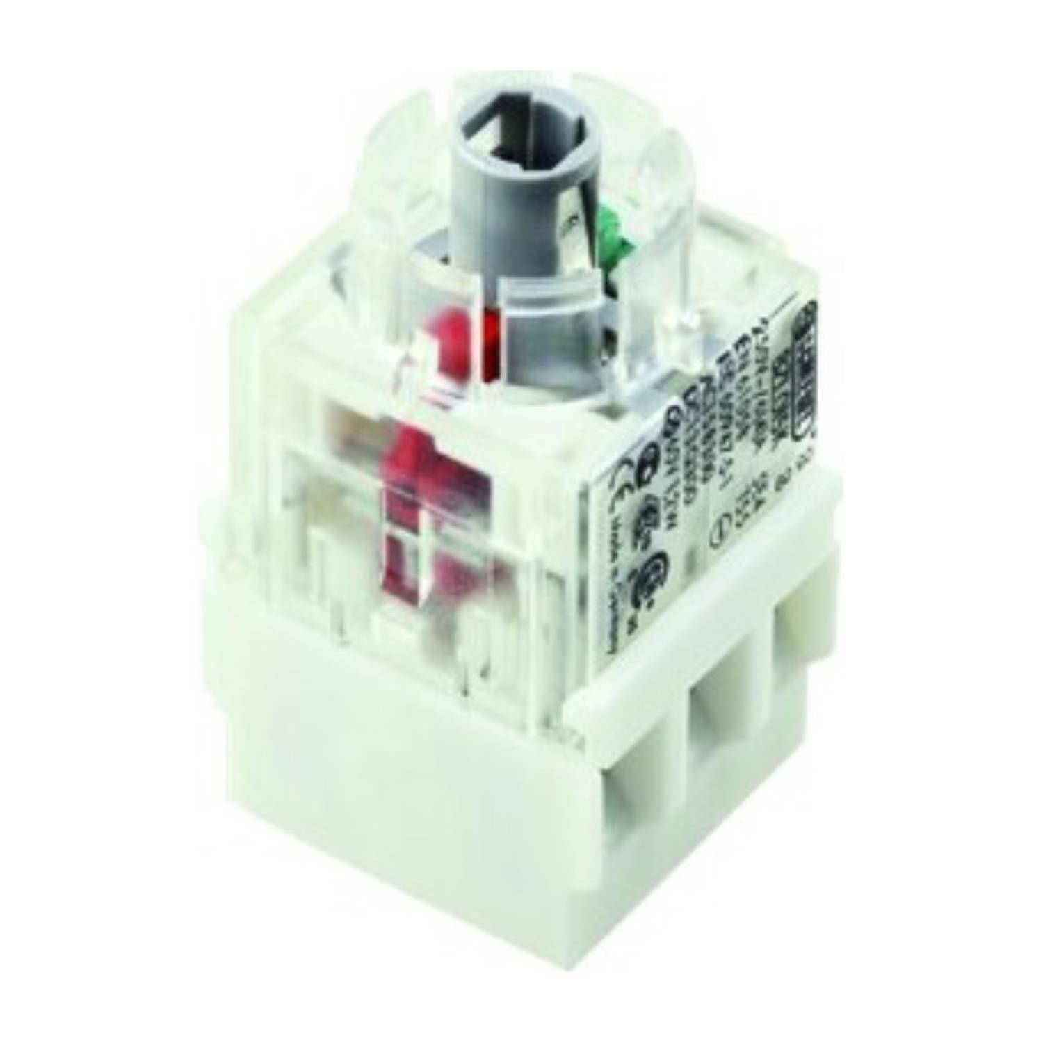 Tastschalterblock mit Kontaktelementen; Draufsicht auf eine klare Kunststoff- und weiße Basis; gekennzeichnet mit elektrischen Spezifikationen.