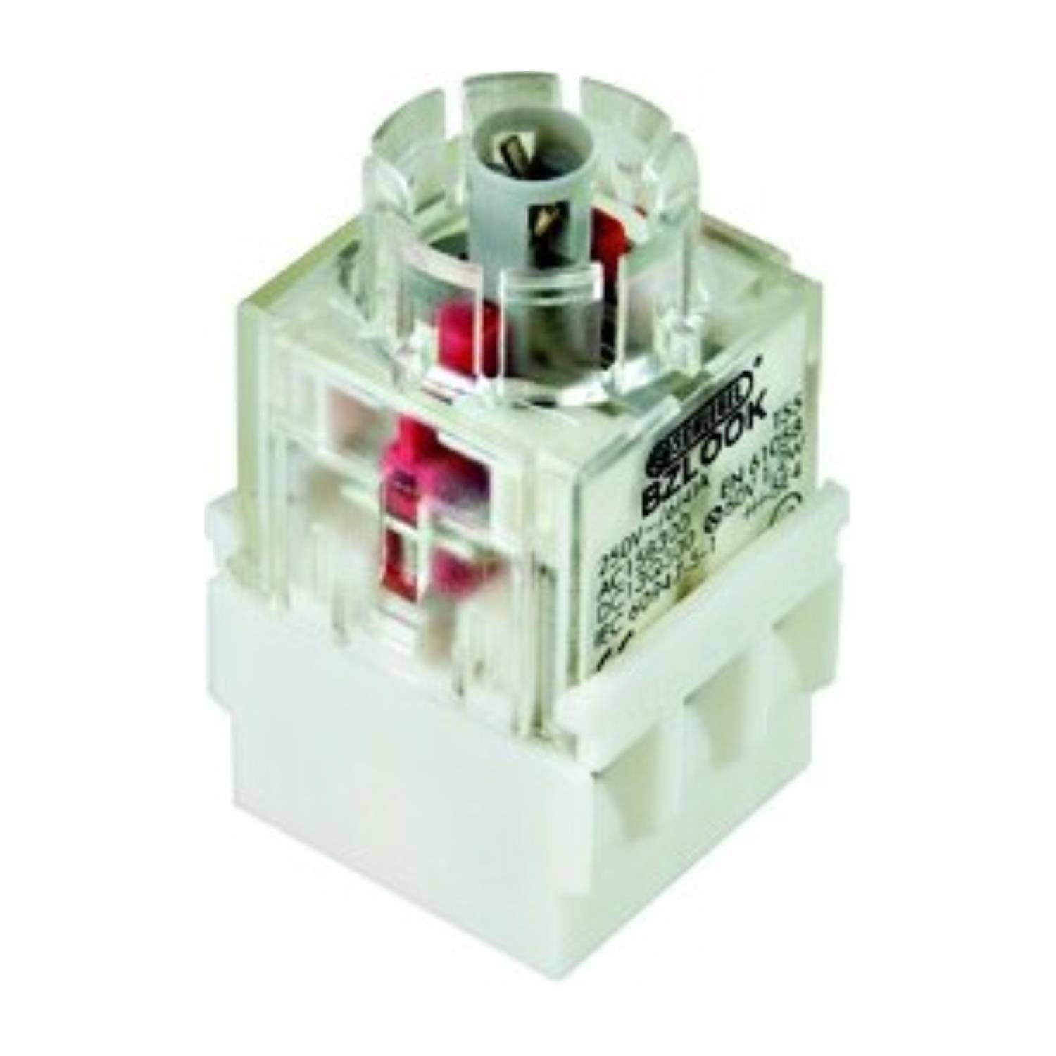 „Ein quadratischer Drucktaster mit transparentem Deckel, der rote und metallene Innenkomponenten freilegt, auf einer Seite mit Spezifikationen beschriftet.