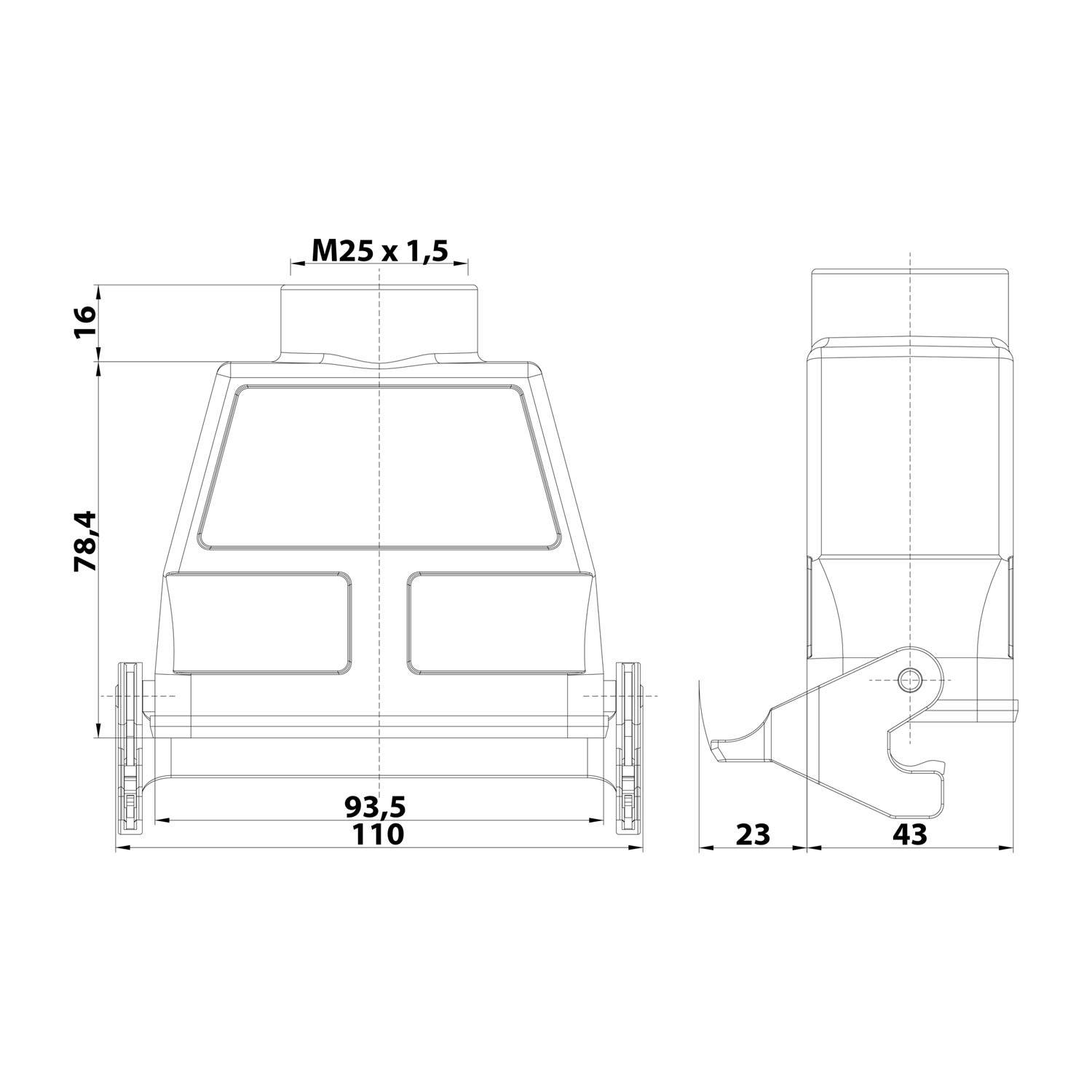 05300160763 HARTING Han 16B Kupplungsgehäuse hoch, 1xM25 gerader Kabelabgang, mit 1 Längsbügel Verschraubung M25