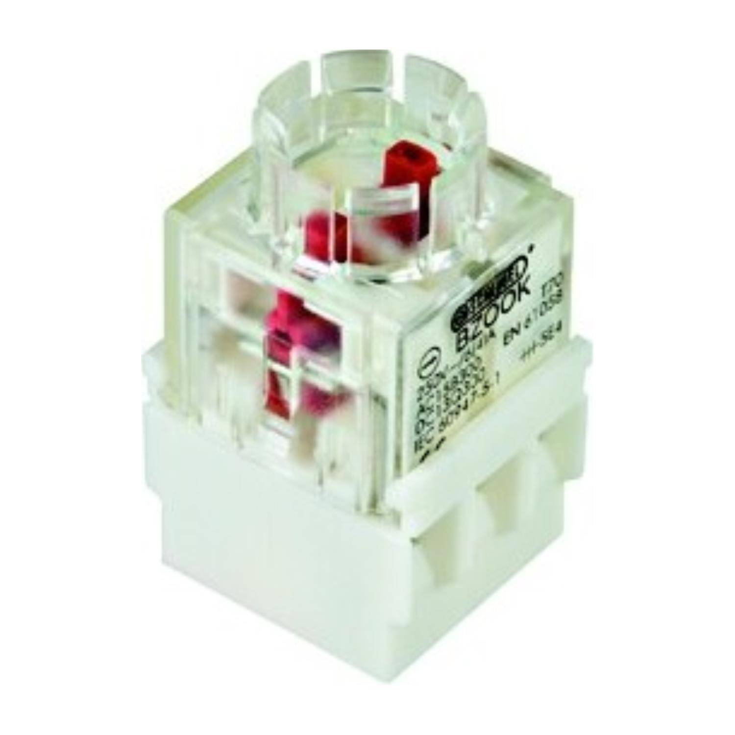 Eine weiße und transparente Quadrat-Relaishalterung mit roten Innenkomponenten, beschriftet mit 
