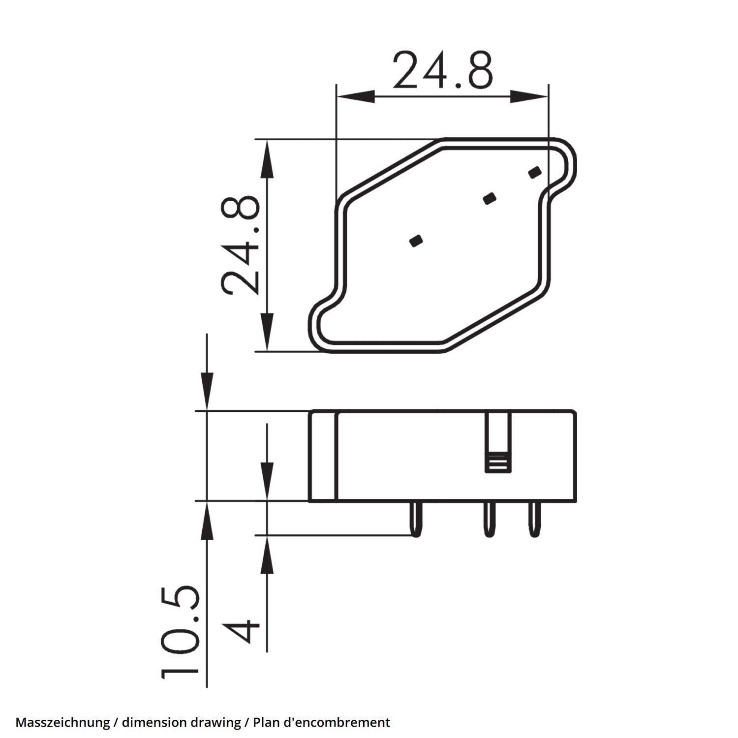 "Maßzeichnung" mit der Darstellung einer 3-poligen Komponente mit folgenden Abmessungen: Breite 24,8 mm, zwei Längenmaße von 24,8 mm und 10,5 mm, Höhe 4 mm.