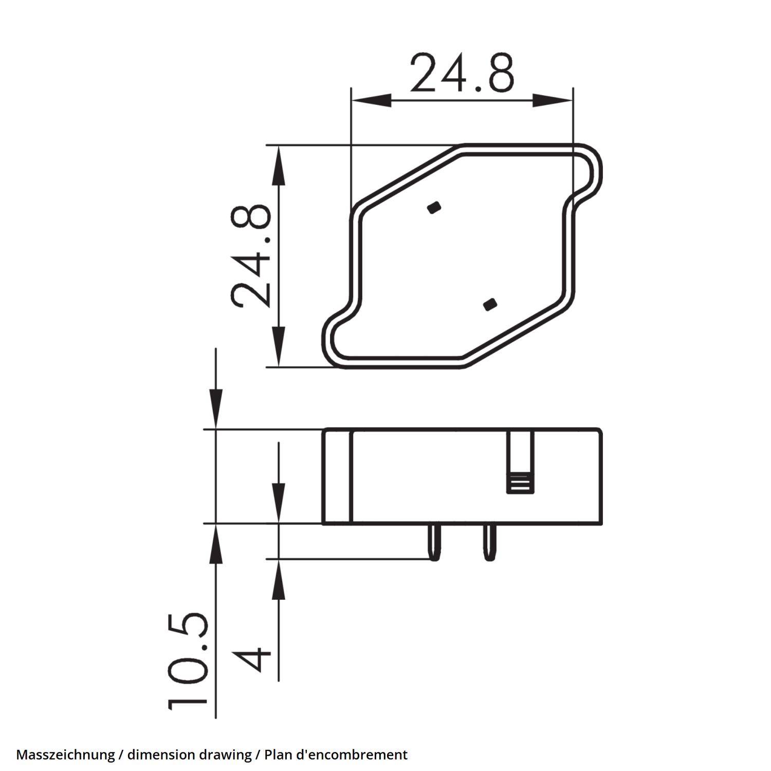 Maßzeichnung mit zwei Ansichten: eine Draufsicht einer Sechseckform (24,8 x 24,8) und eine Seitenansicht, die Höhe (10,5) und Basisdicke (4) zeigt.