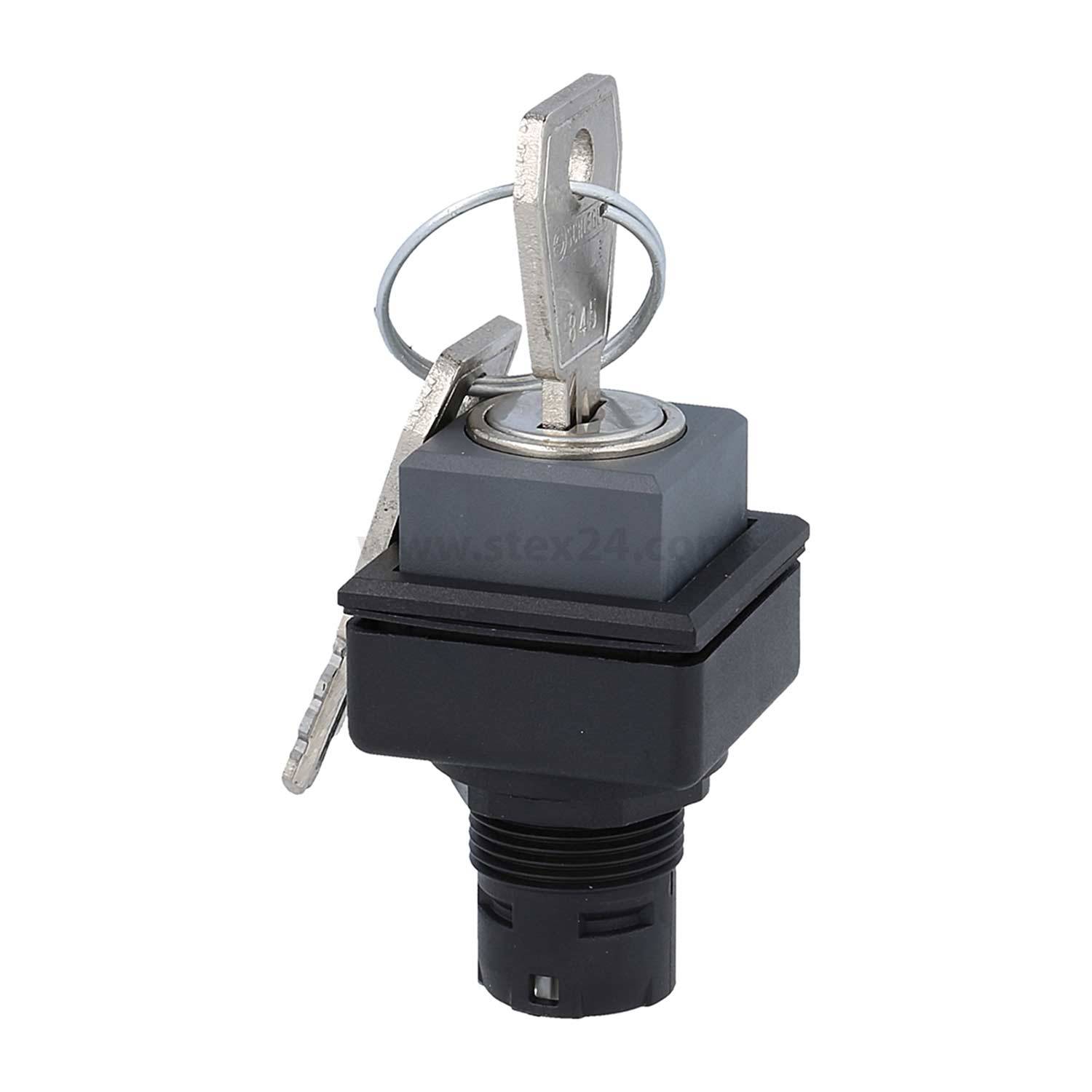 Ein Schlüssel, der in einen quadratischen Schalterschlitz mit einem einzelnen zylindrischen Knopf eingeführt wird, der zur Steuerung von Maschinen oder elektrischen Schaltkreisen verwendet wird.