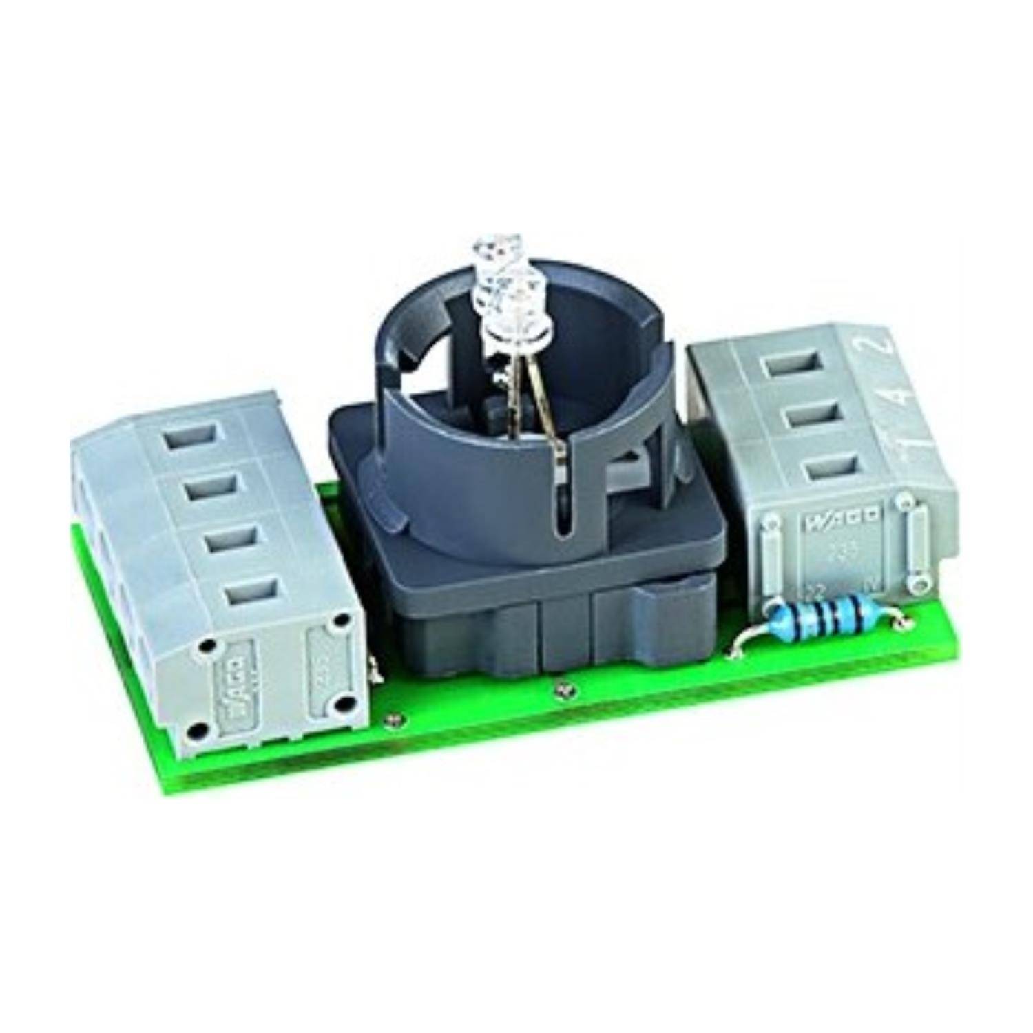 Elektronische Leiterplatte mit einer zentralen Fassung, LED-Leuchten und zwei verbundenen Klemmenblöcken auf einer grünen Basis.