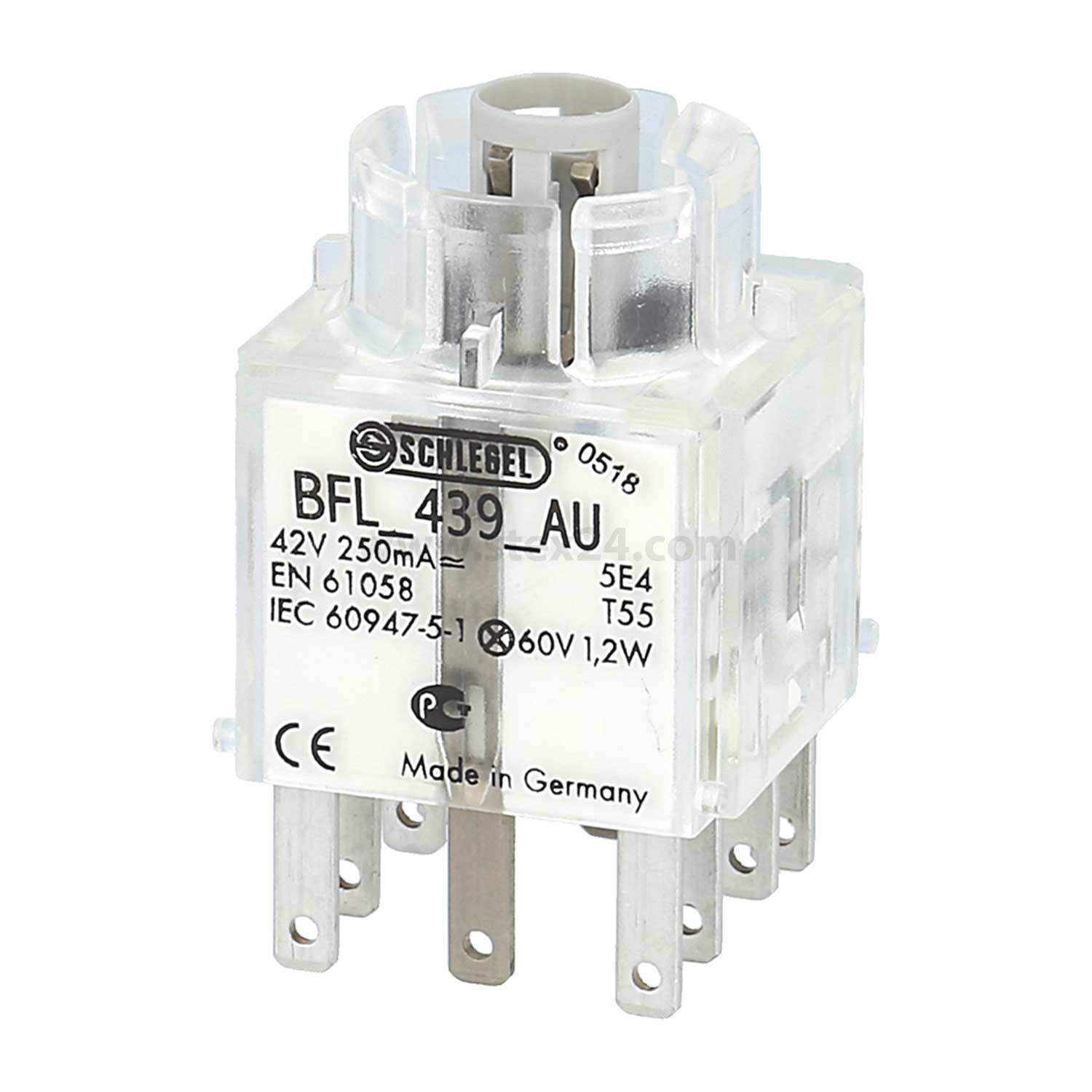 Ein transparenter elektrischer Relais mit technischen Spezifikationen 'BFL 439 AU, 42V 250mA, IEC 60947-5-1, 60V 1,2W'. Hergestellt in Deutschland.