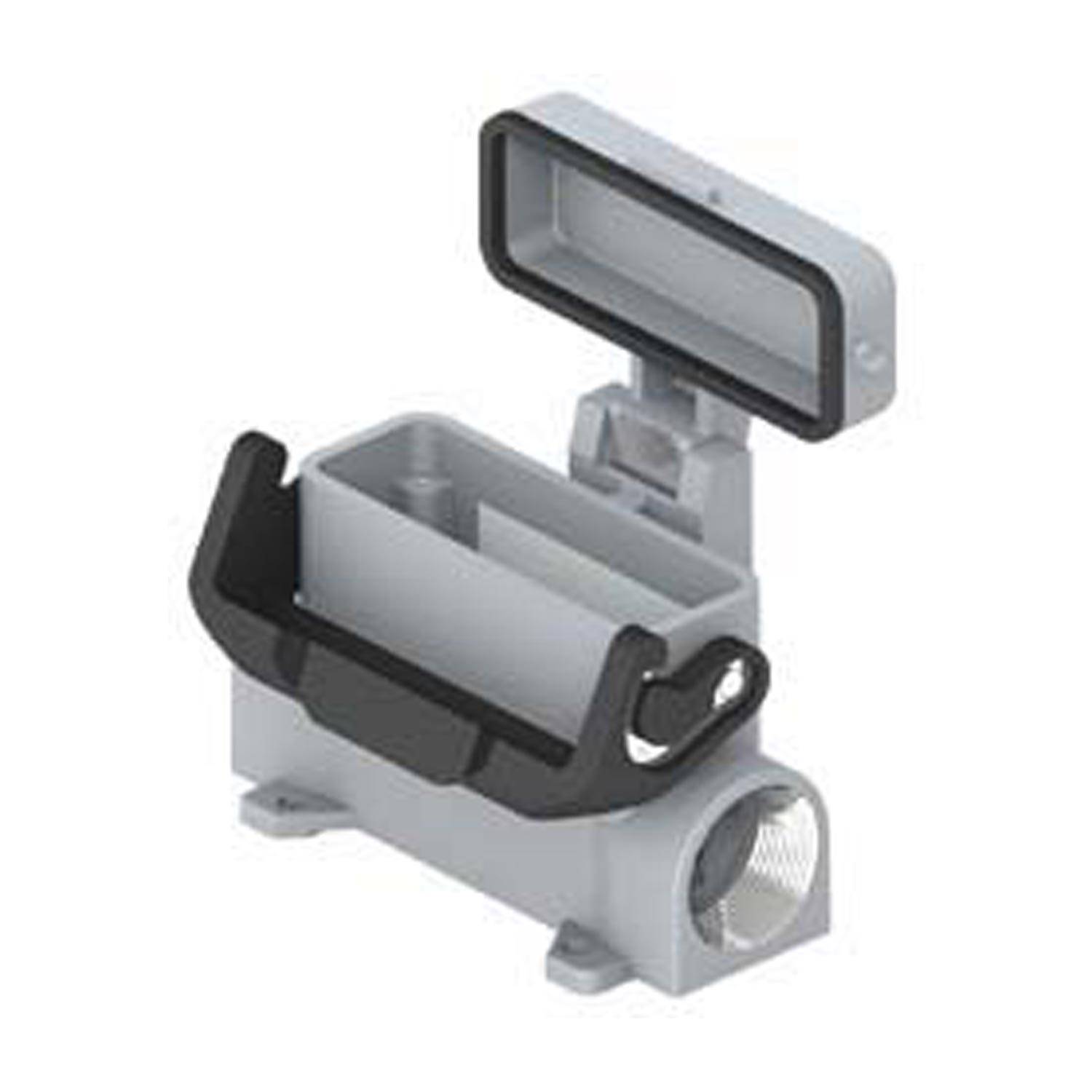 Ein grauer, rechteckiger elektrischer Anschluss mit einem offenen Deckel und einem schwarzen Griff, der für sichere Unterbringung und Schutz von Verbindungen konzipiert ist.