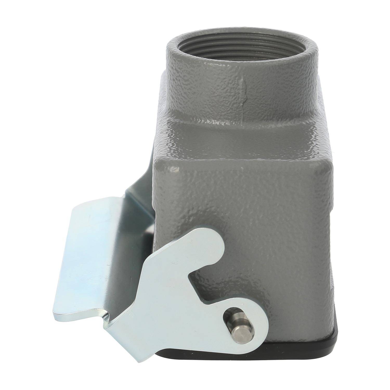 Eine Nahaufnahme eines grauen rechteckigen mechanischen Bauteils mit schwarzer Basis und metallischem Hebel, die detaillierte industrielle Designmerkmale zeigt.