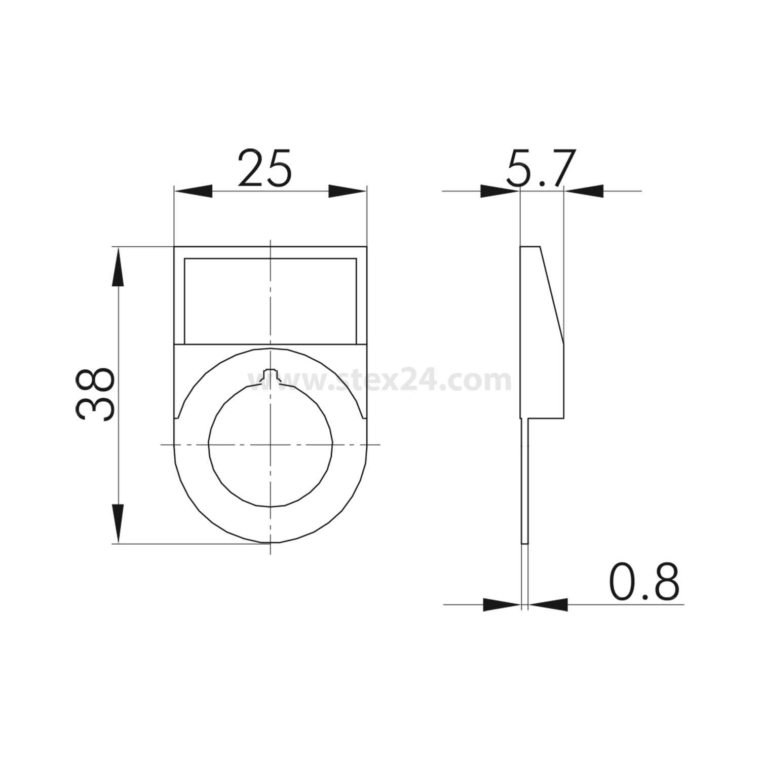 Technische Zeichnung einer Komponente mit Abmessungen: Höhe 38 mm, Breite 25 mm, Seitendicke 5,7 mm und beschriftete Breite 0,8 mm.